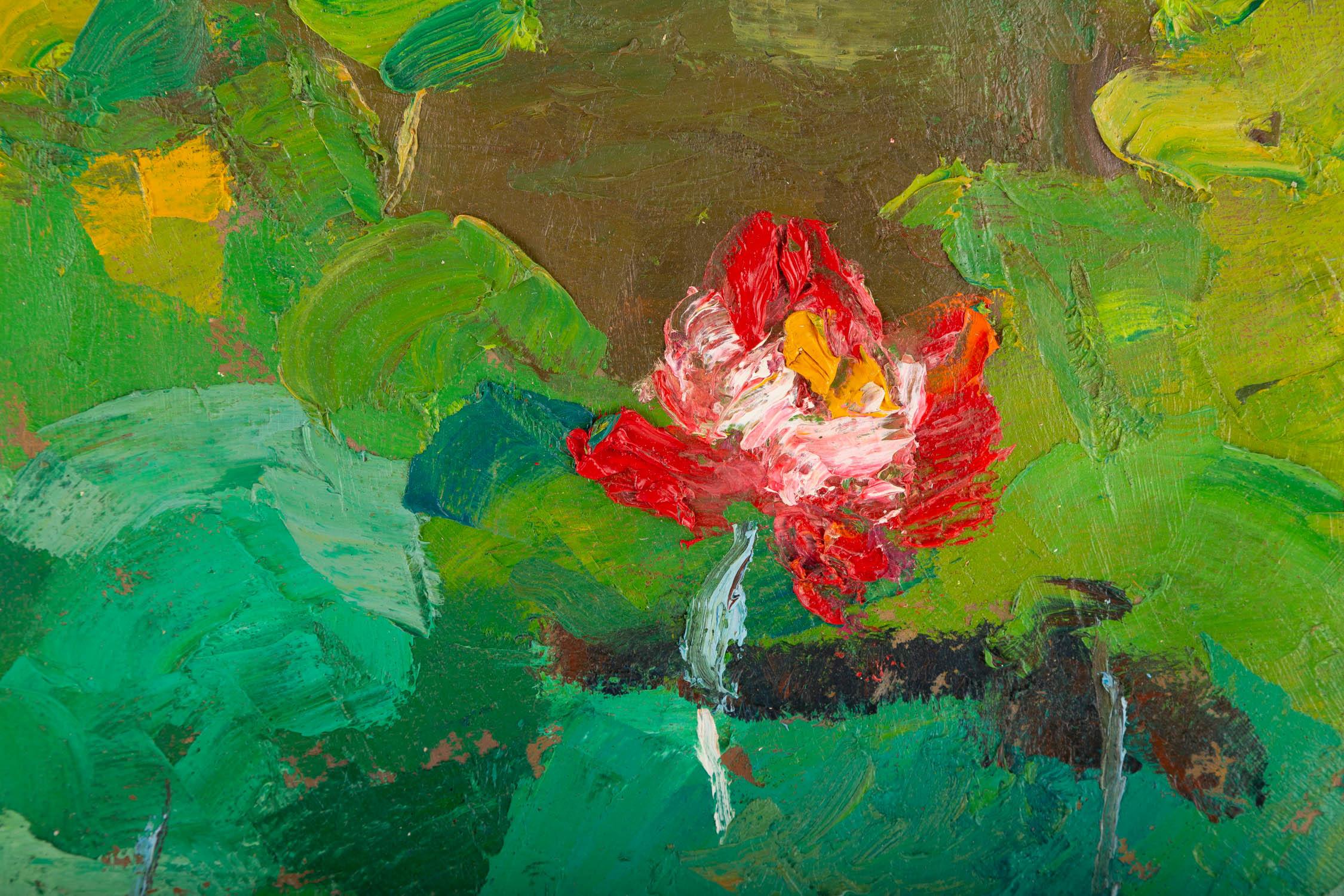 Peinture à l'huile originale du paysage Hong Zhi « Lily Pond in Sunset » en vente 4