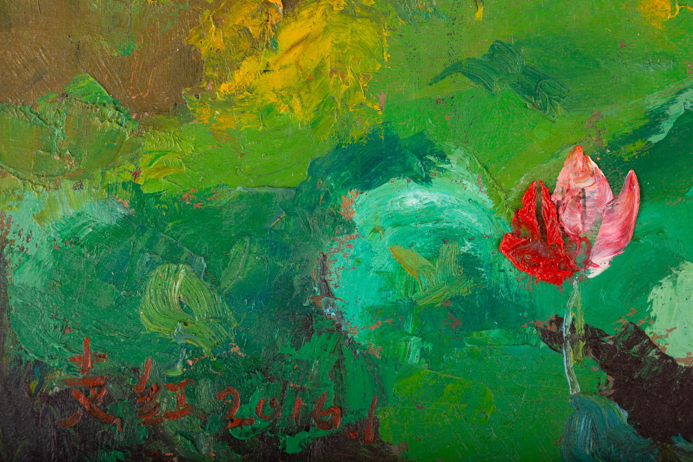 Peinture à l'huile originale du paysage Hong Zhi « Lily Pond in Sunset » en vente 5