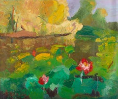 Hong Zhi Landscape Original Oil Painting "Lily Pond in Sunset"