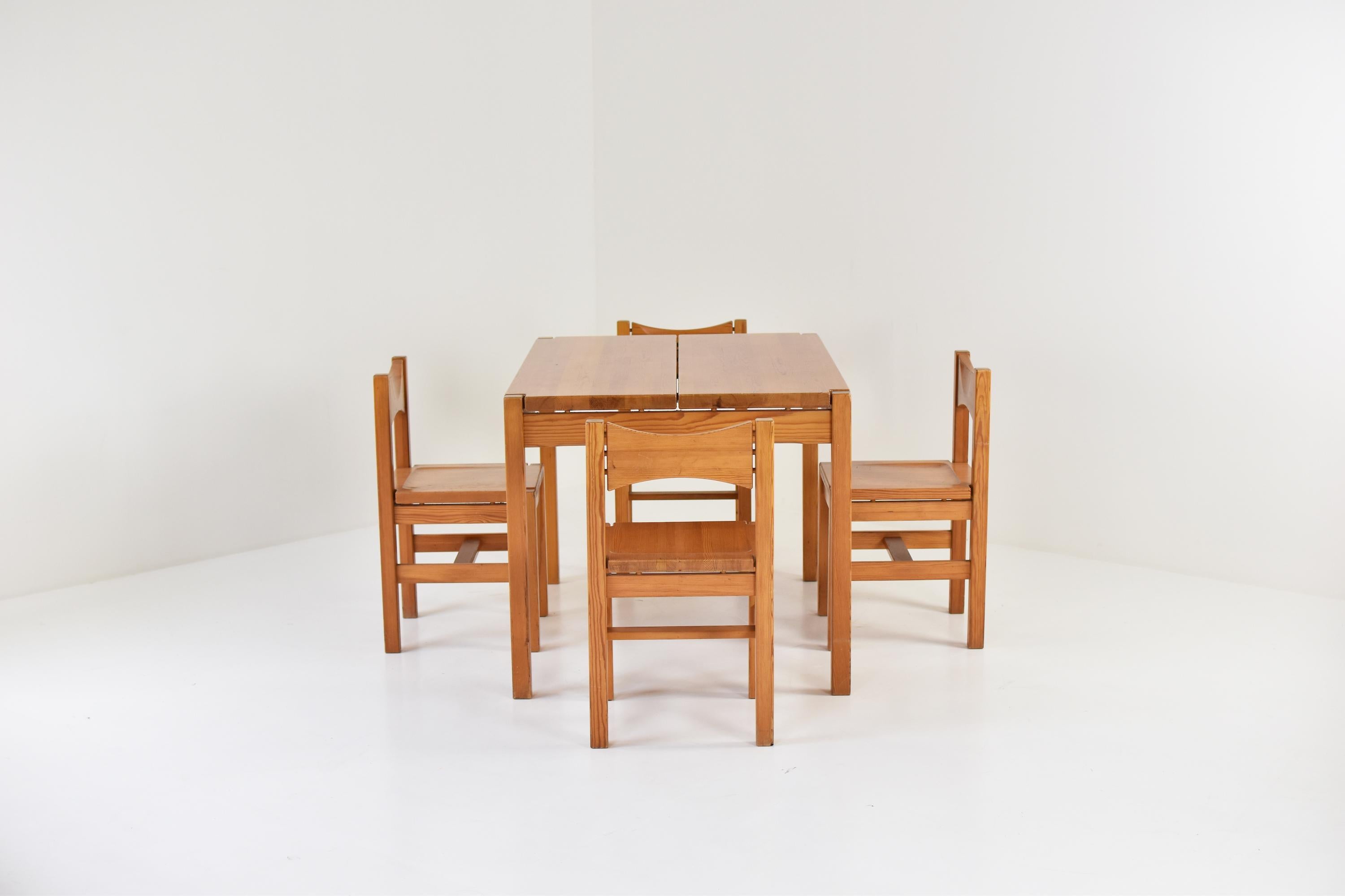 Dining set designed by Ilmari Tapiovaara for Laukaan Puu, Finland 1963. Consists of a dining table, a bench and 4 stools. All in solid pine with very nice patina. Elegant and simplistic design. In good condition with some age related