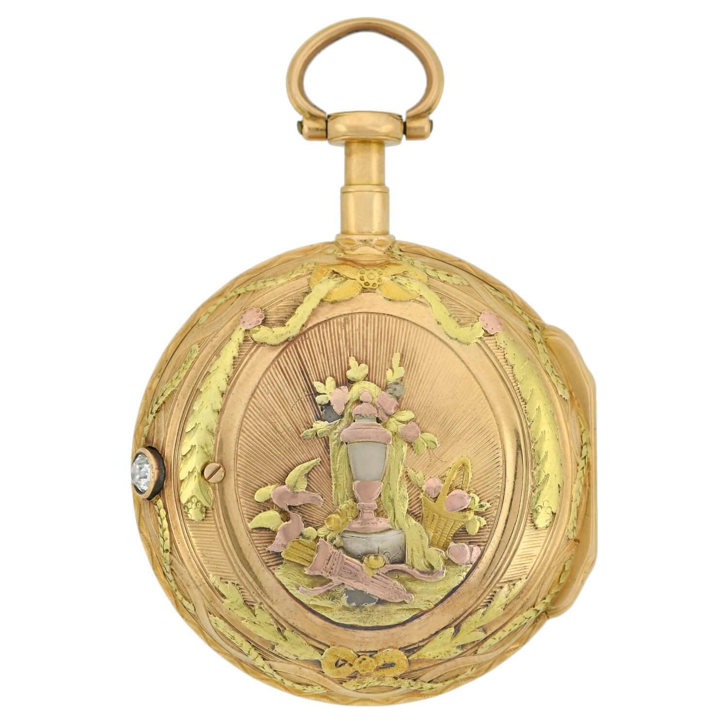 A rare and exquisite mixed metals diamond pocket watch made by Honnoré Lieutaud of Marseille, France during the Georgian (ca1780) era. This vibrant 18kt gold verge quarter repeater timepiece adorns a domed crystal covering over the white watch face