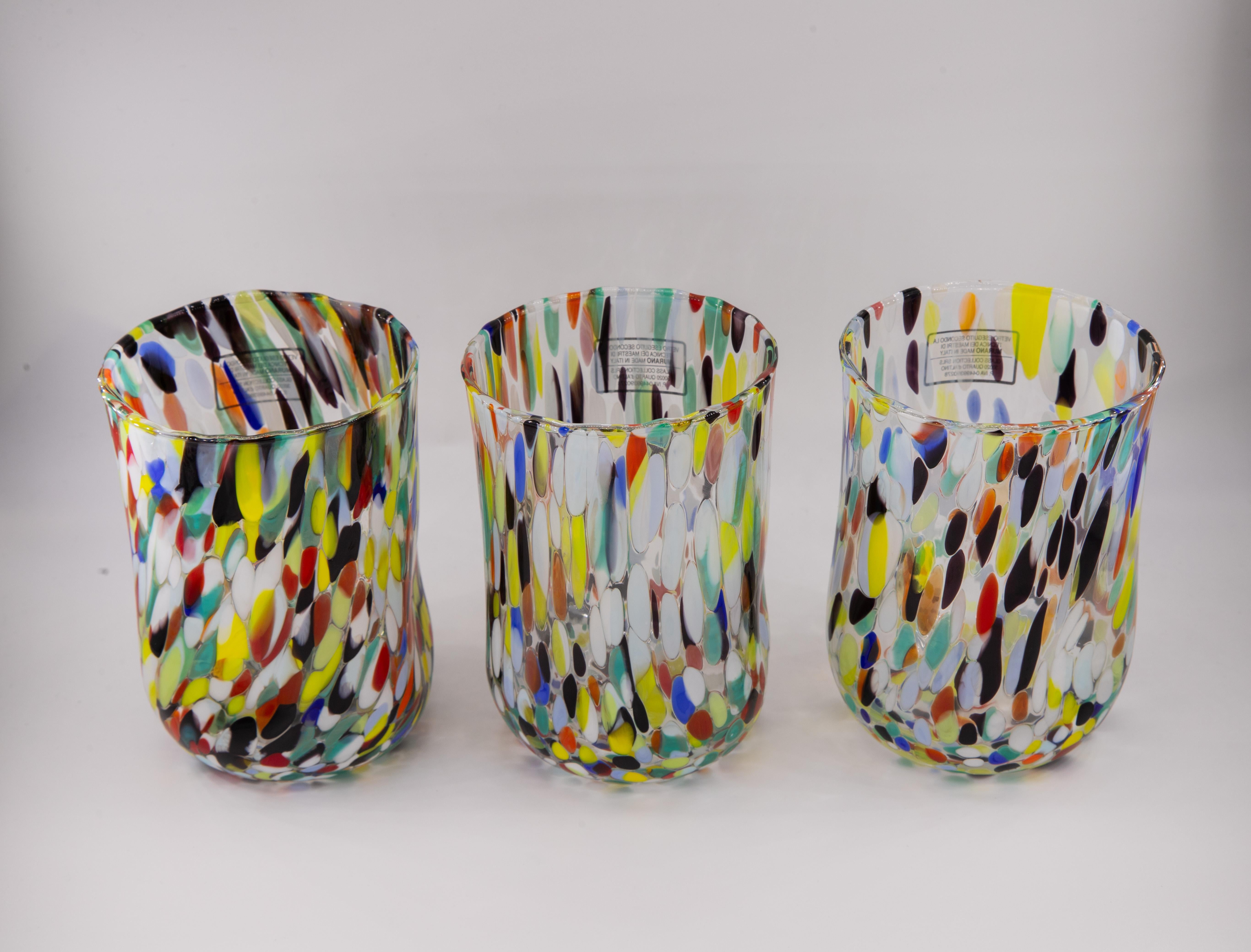 Européen Honolulu, ensemble de 6 verres de Murano couleur Arlecchino, faits à la main, verre de Murano en vente
