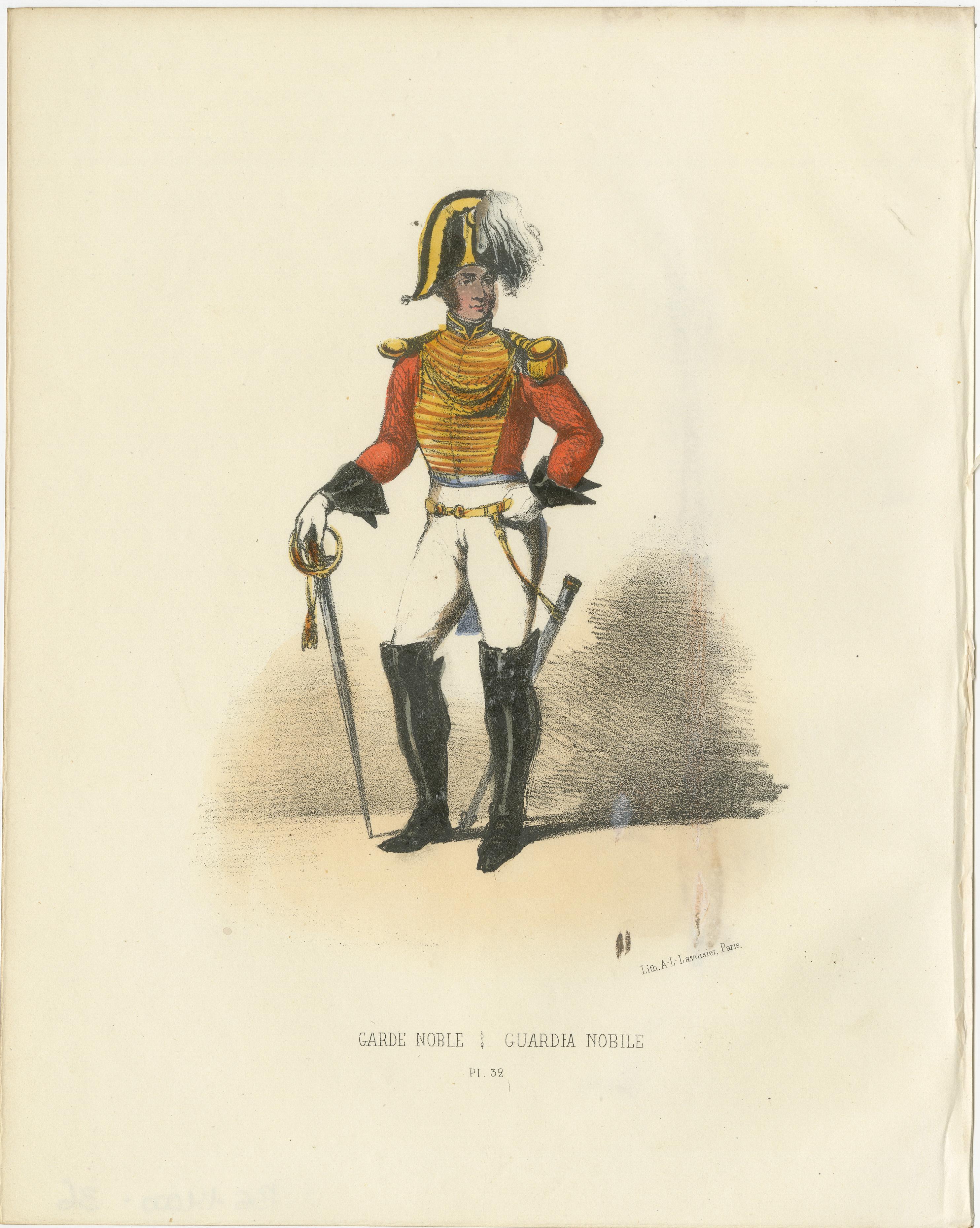 Honor and Elegance: Handcolored Print of a Noble Guard, Tafel 32, 1862  

Diese königliche handkolorierte Lithographie, Ehre und Eleganz, ist Tafel 32 aus der zweiten Ausgabe von Album ou Collection Complète, et Historique des Costumes de la Cour de