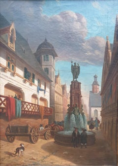 Pittura da salone pittoresca francese romantica BARMONT metà del 19° vista città Germania