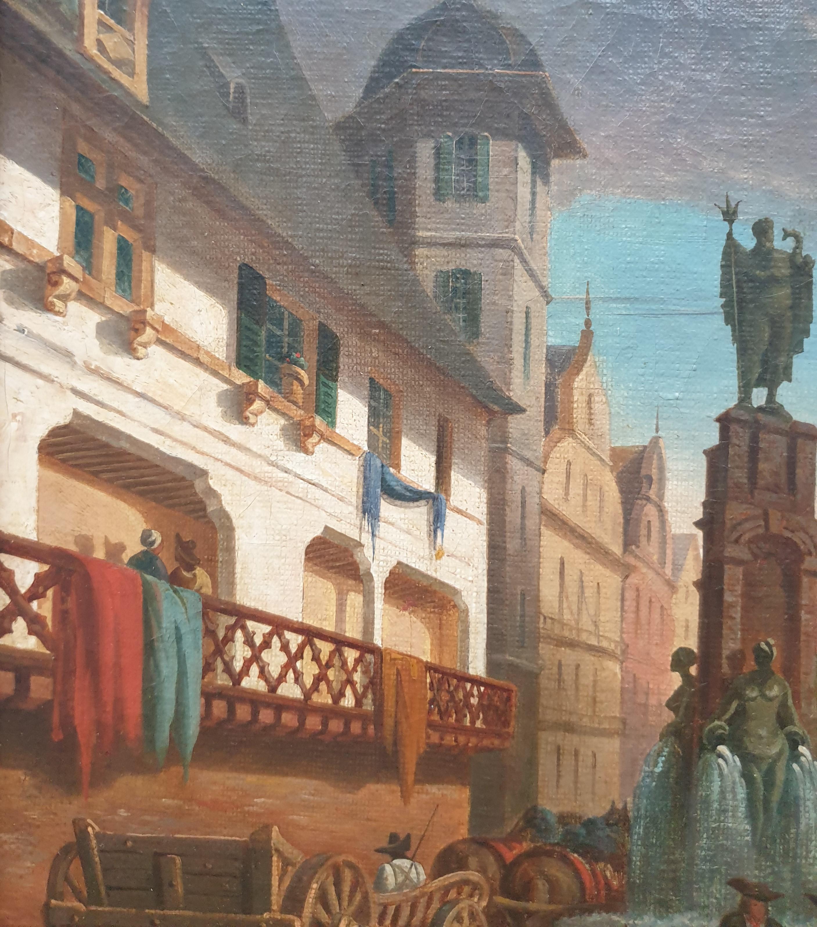 Pittura da salone pittoresca francese romantica BARMONT metà del 19° vista città Germania - Landscape Painting Grigio di Honoré BARMONT