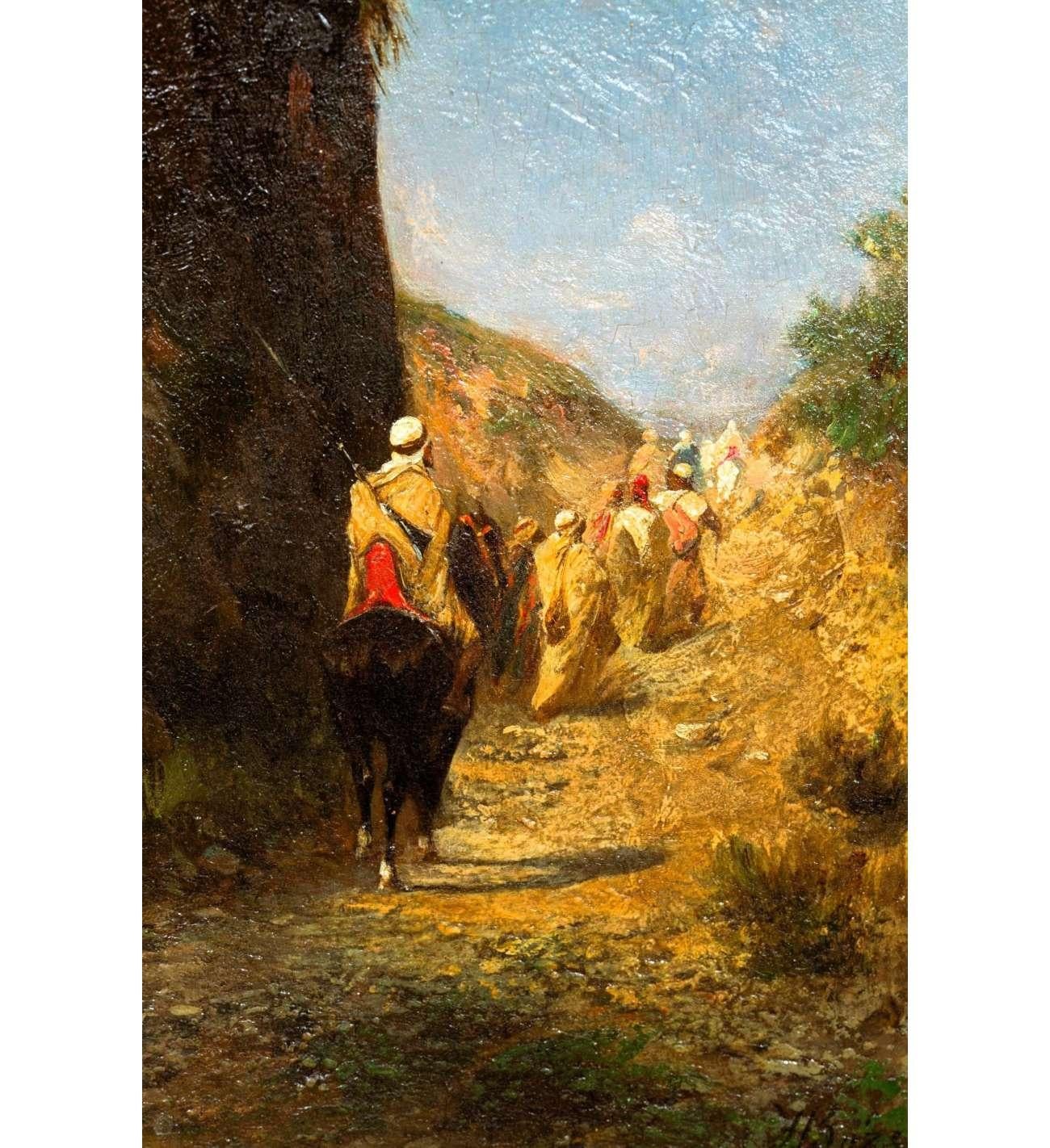 Honoré BOZE, Oil on panel+Riders and Bedouins walking on a path near a cliff For Sale 5