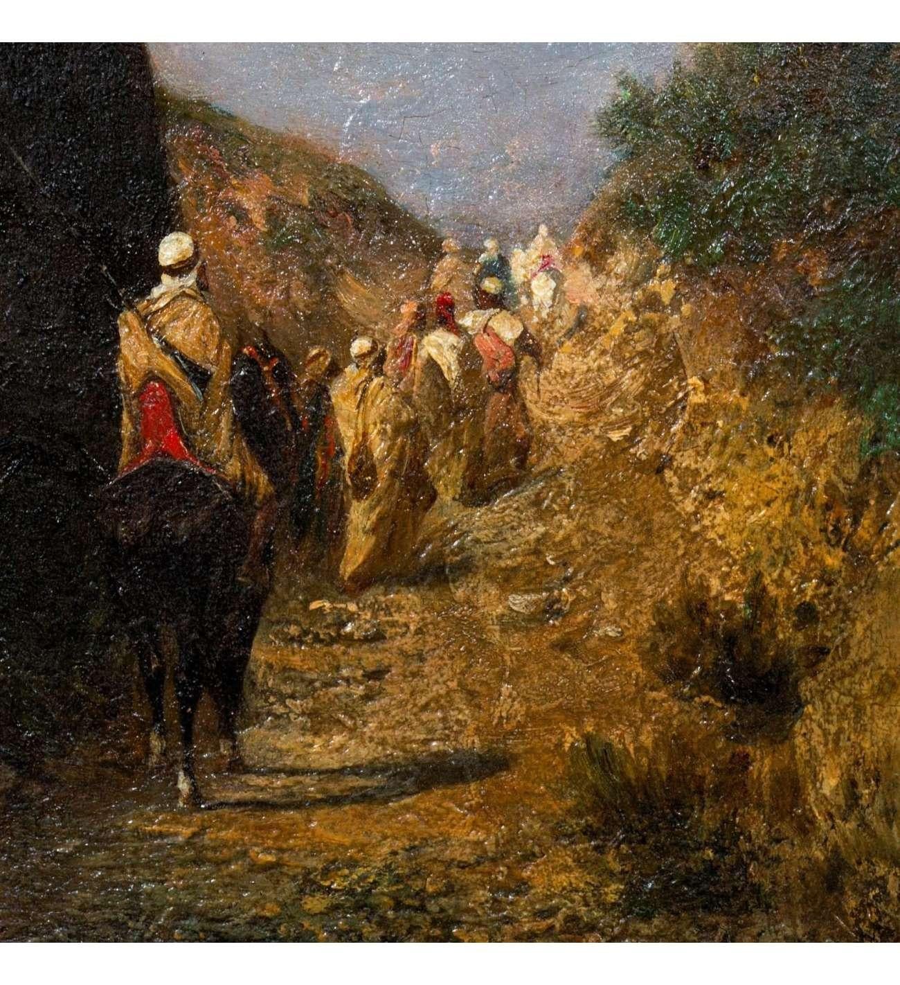 Honoré BOZE, Oil on panel+Riders and Bedouins walking on a path near a cliff For Sale 3