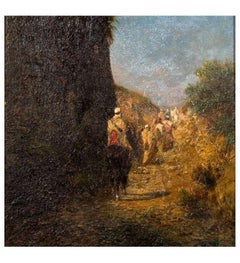 Honoré BOZE, Oil on panel+Riders and Bedouins walking on a path near a cliff