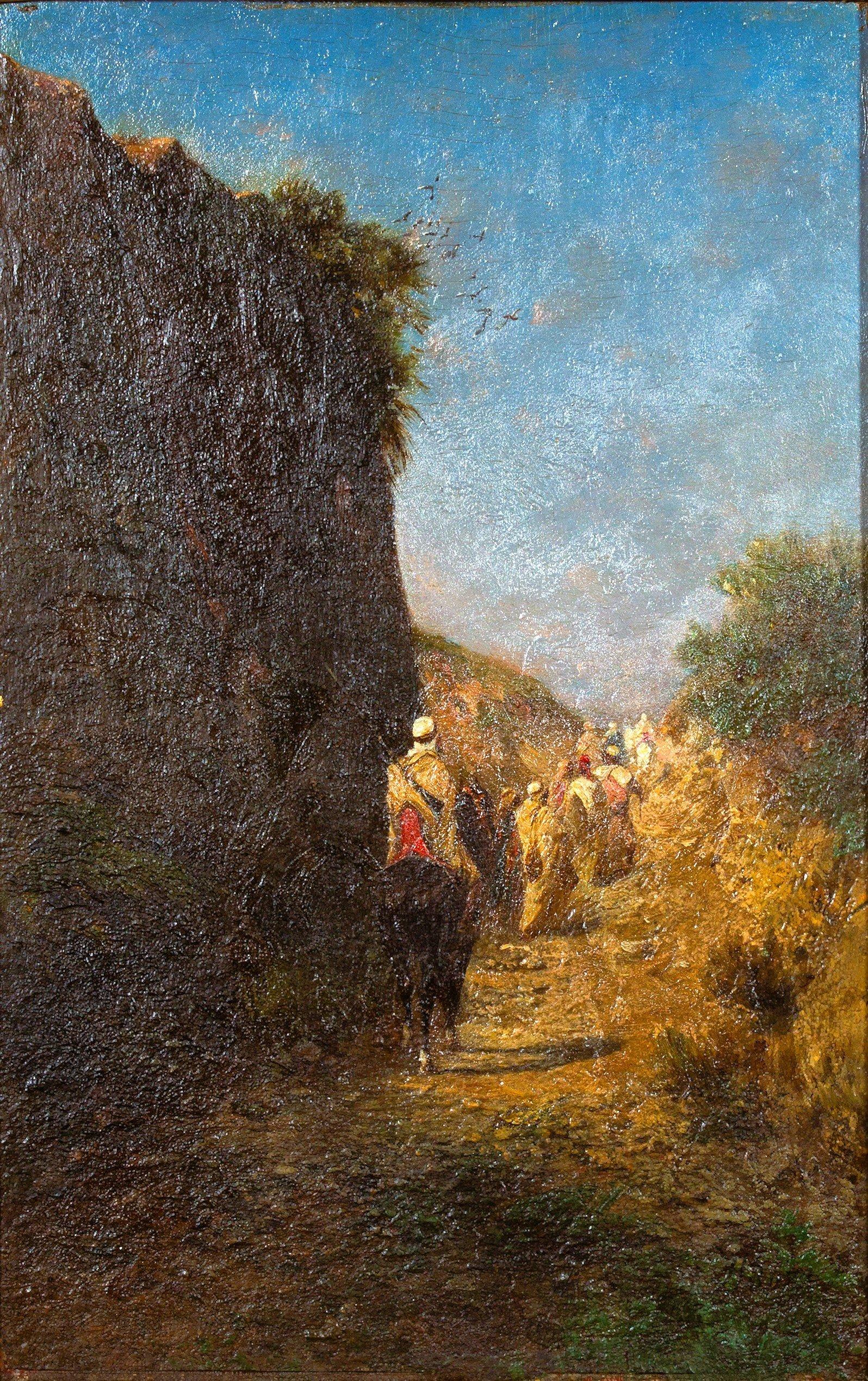 Riders and Bedouins walking on a path near a cliff, Oil on panel by Honoré BOZE For Sale 9