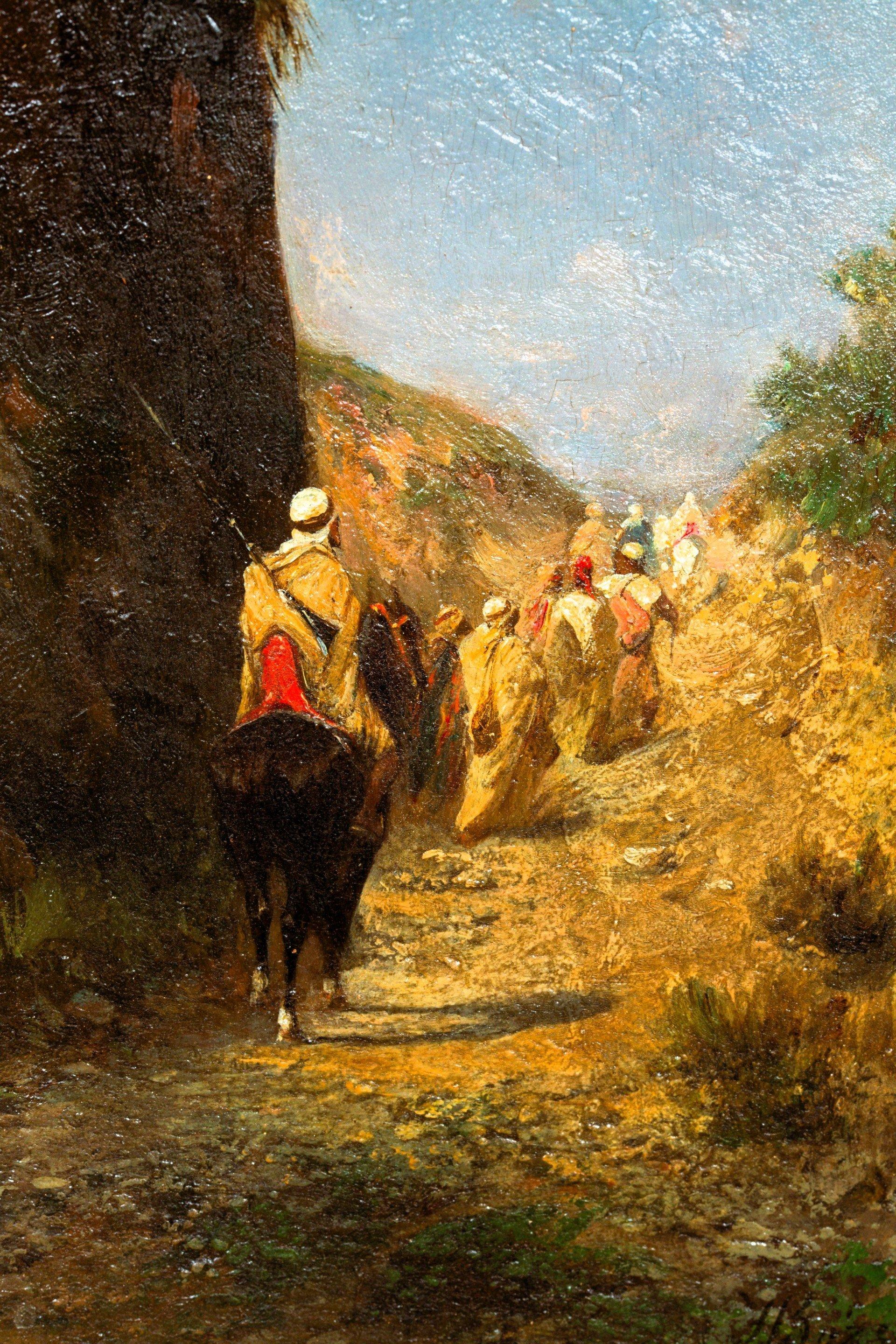 Reiter und Beduinen auf einem Pfad in der Nähe einer Klippe, Öl auf Tafel von Honoré BOZE – Painting von Honoré Boze