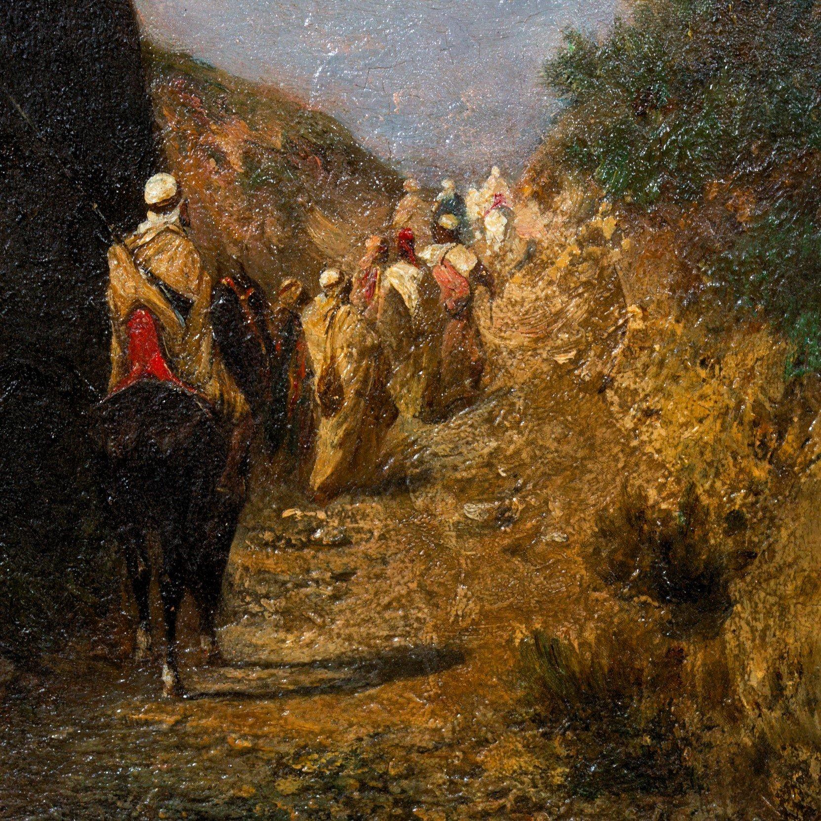 Riders and Bedouins walking on a path near a cliff, Oil on panel by Honoré BOZE For Sale 3