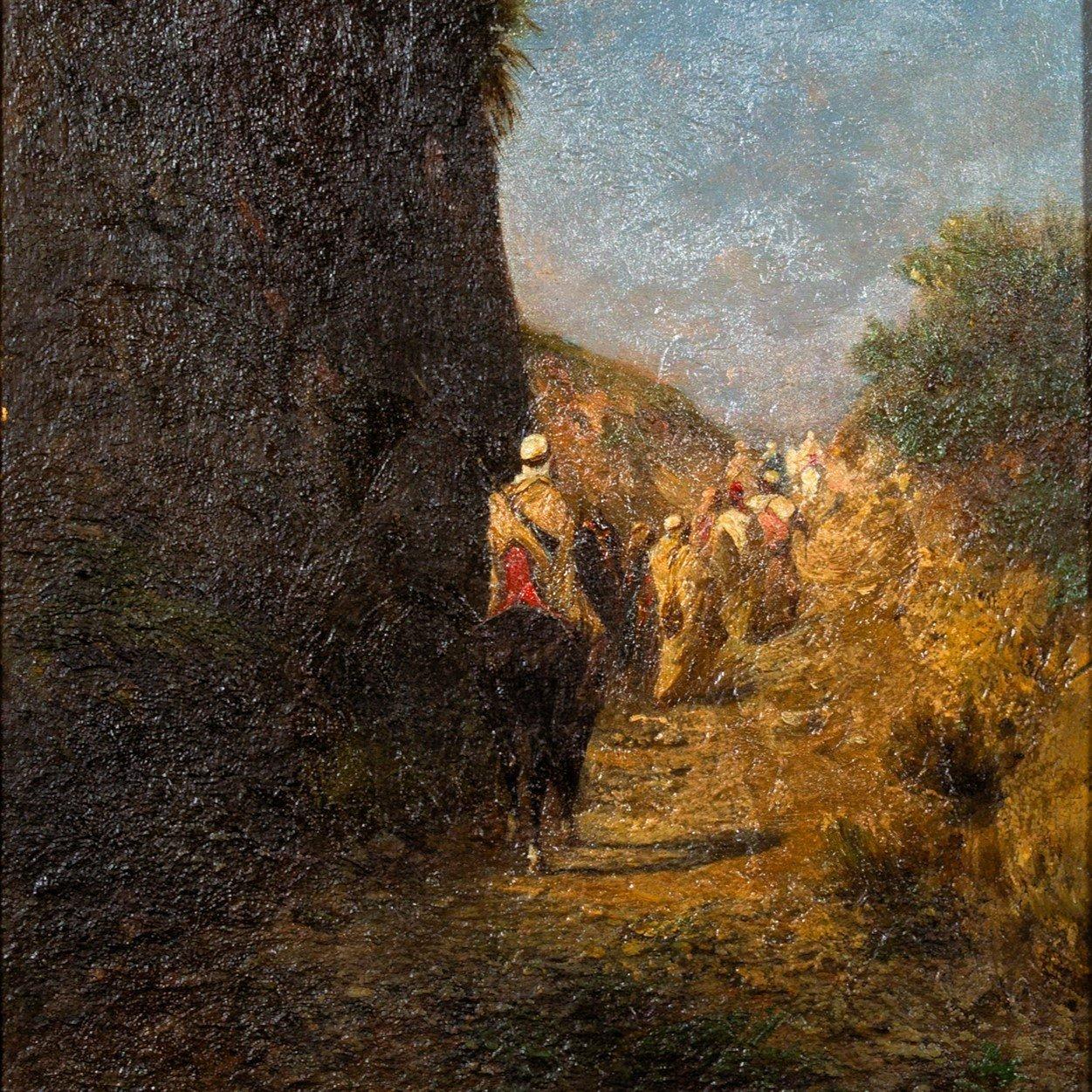 Honoré Boze Figurative Painting - Riders and Bedouins walking on a path near a cliff, Oil on panel by Honoré BOZE