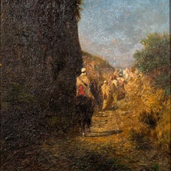 Cavaliers et bédouins marchant sur un sentier près d'une falaise, Huile sur panneau d'Honoré BOZE