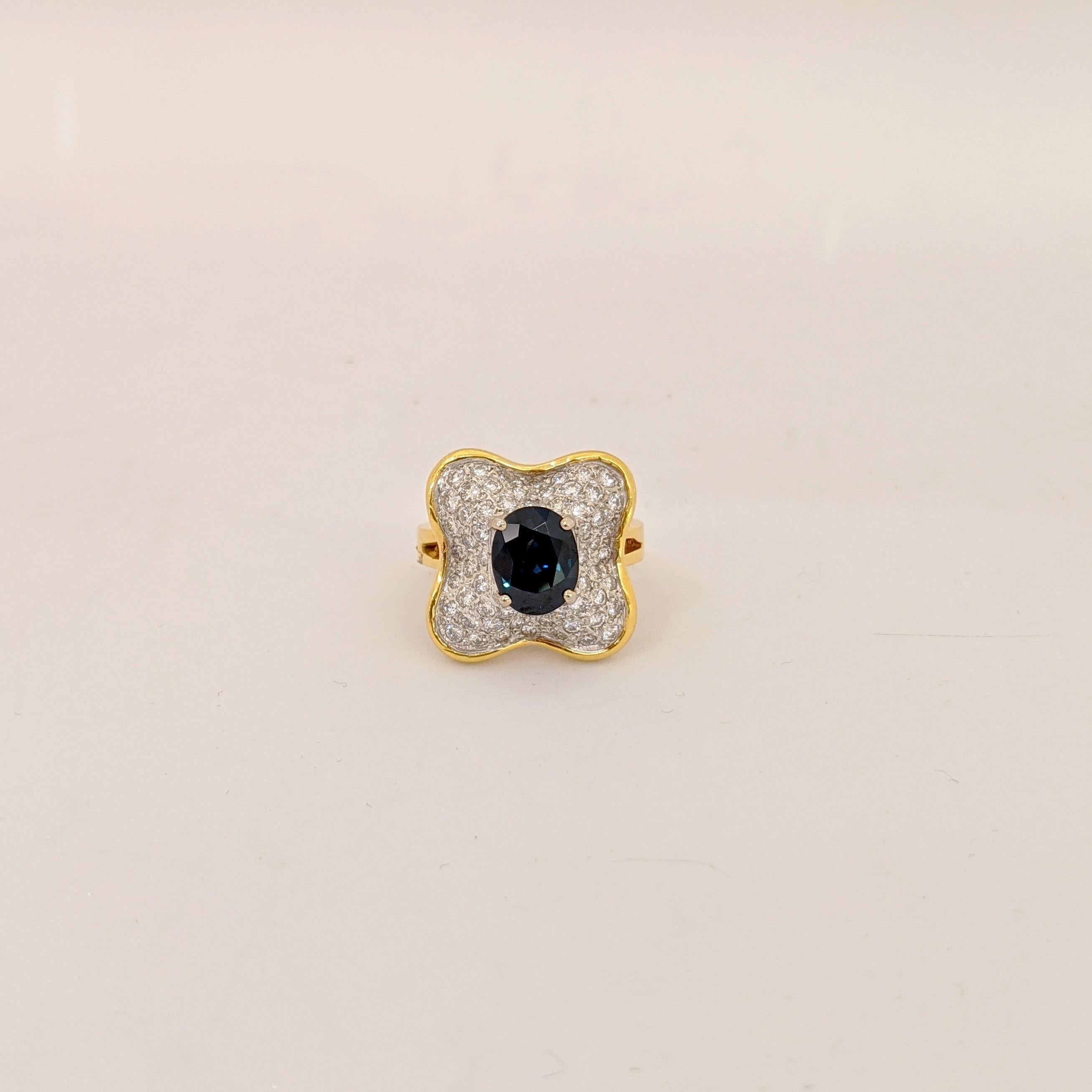 Retro Honora 18kt Gold and 1.02ct, Diamond Ring with 2.27ct, Oval Blue Sapphire Center For Sale