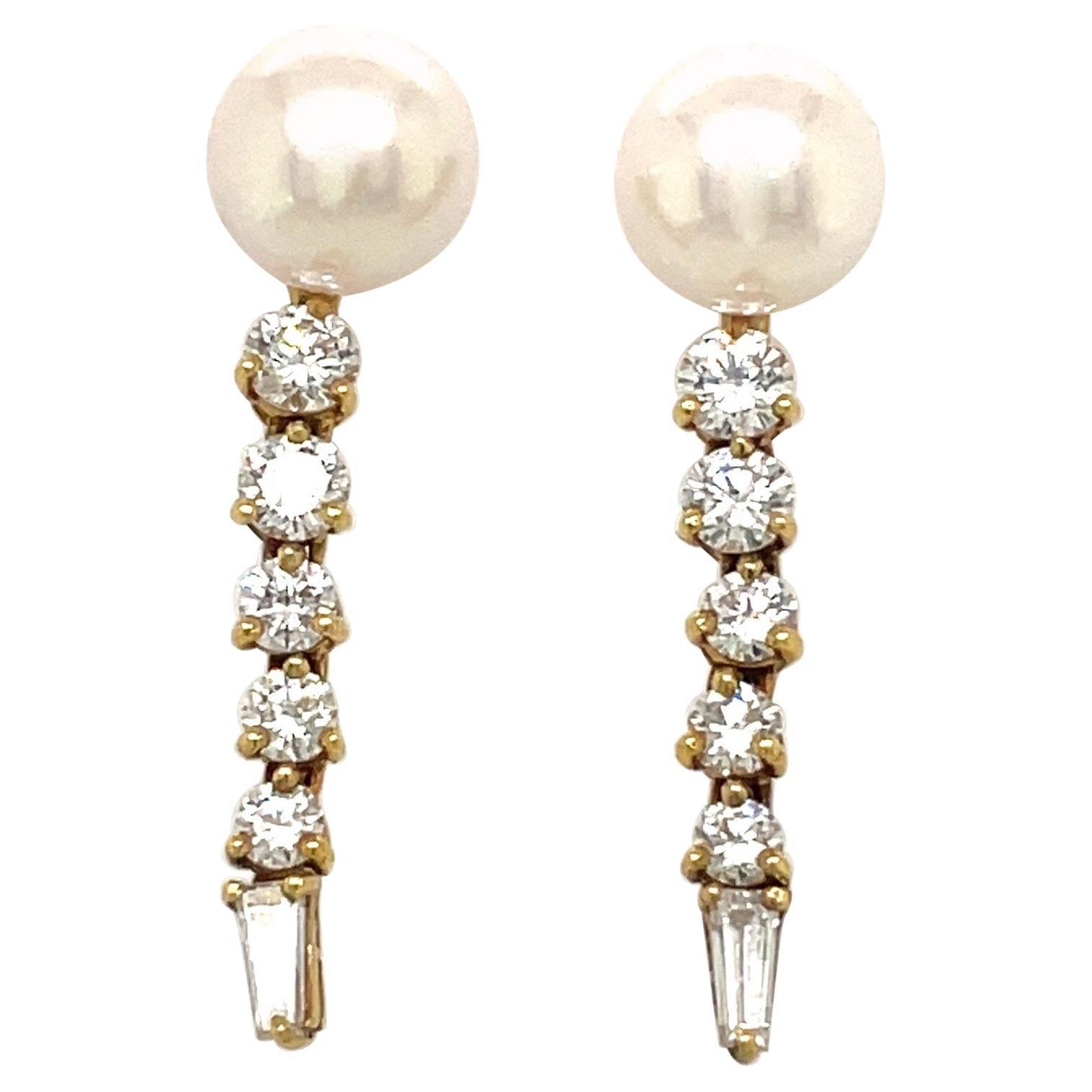 Honora 18kt Yellow Gold Pearl and Diamond 1.33ct. Hanging Earrings For Sale