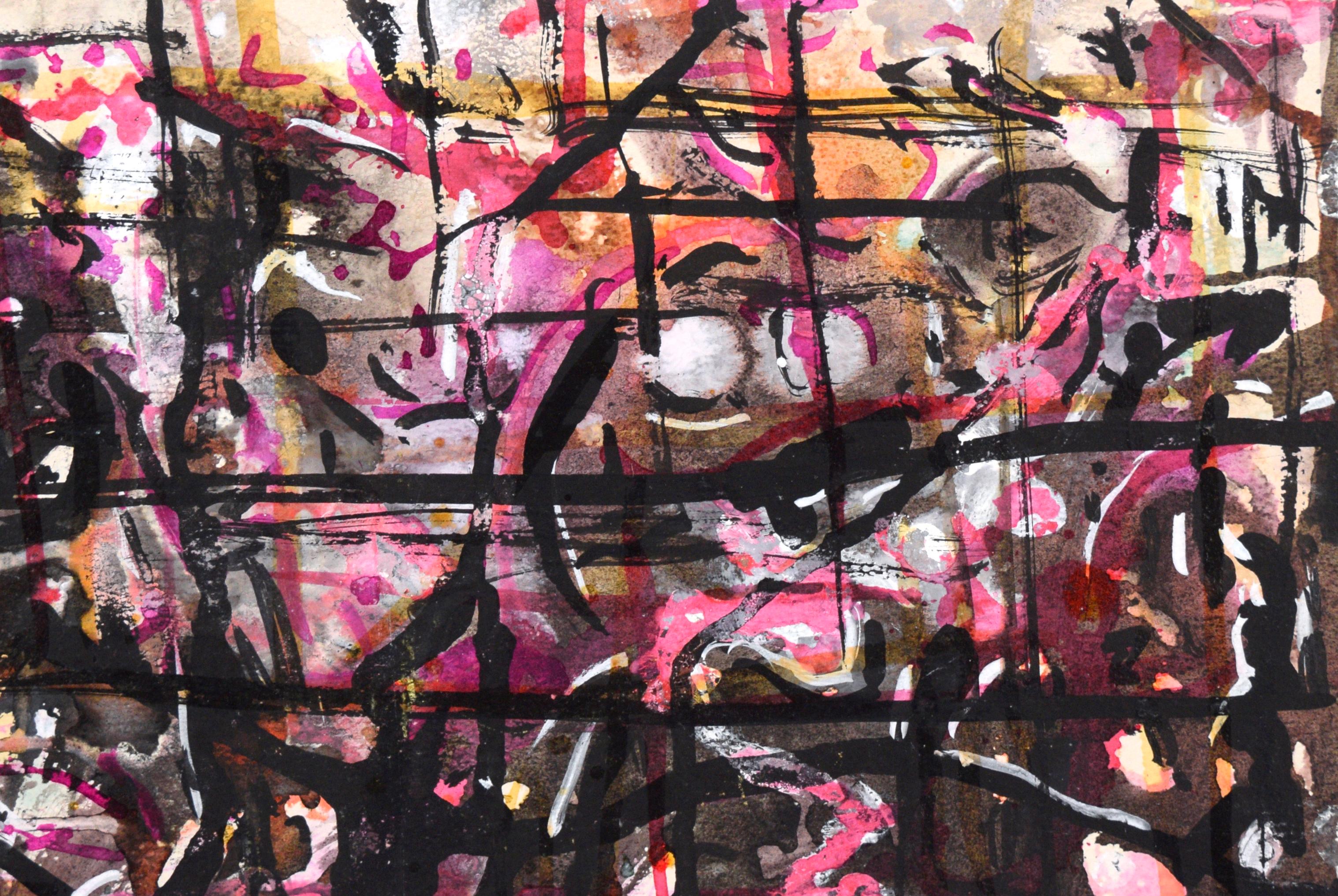 Abstract Composition in Pink and Black in Acrylic on Cardboard - Painting by Honora Berg