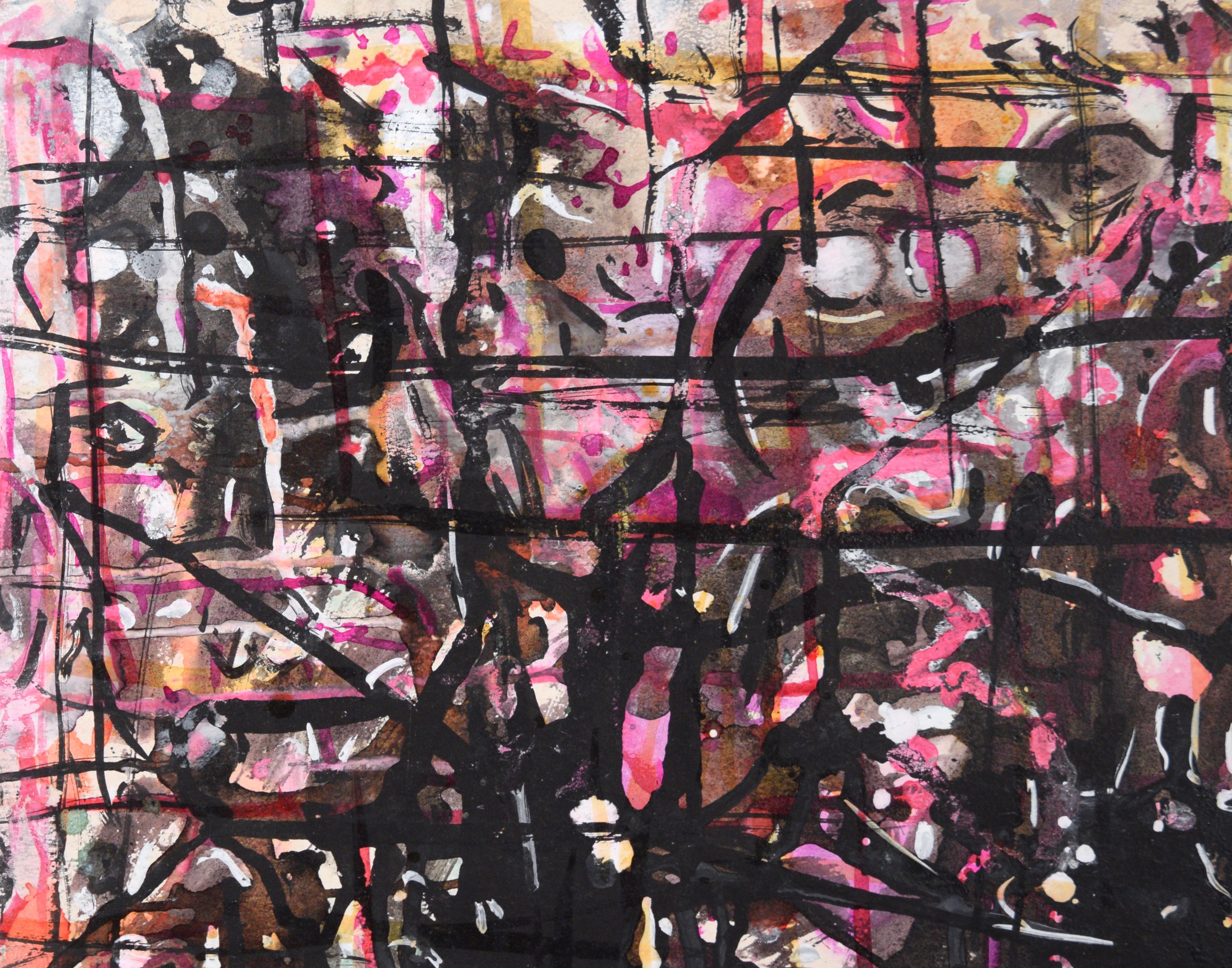 Abstract Composition in Pink and Black in Acrylic on Cardboard - Abstract Expressionist Painting by Honora Berg