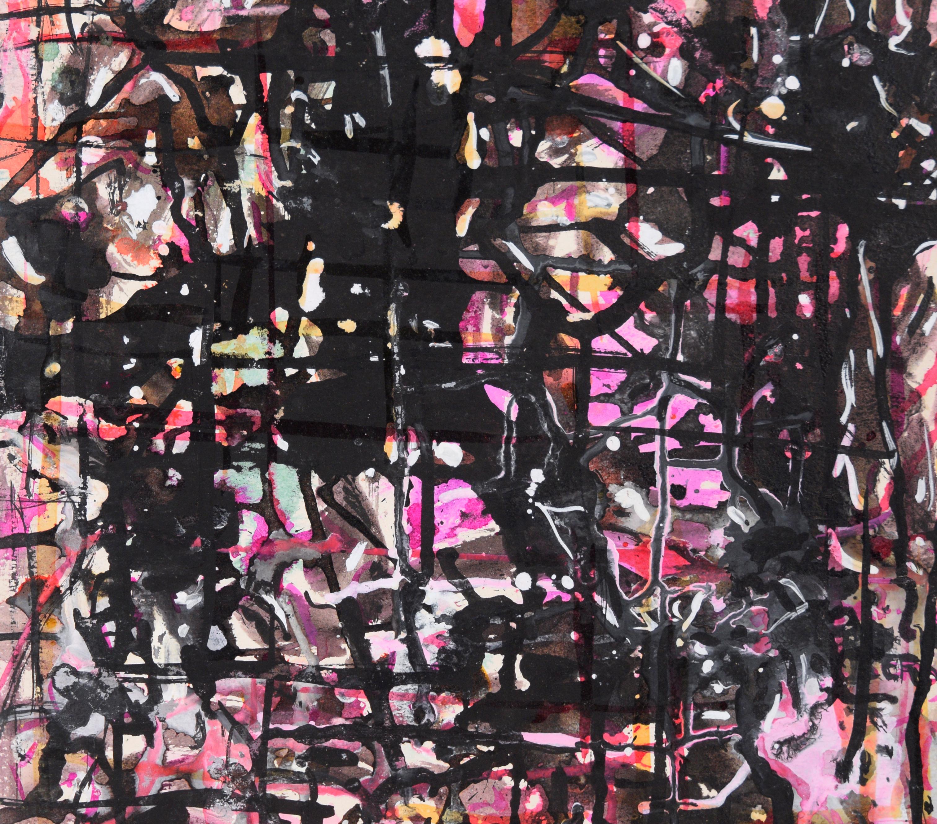 Abstrakte Komposition in Rosa und Schwarz in Acryl auf Karton im Angebot 1