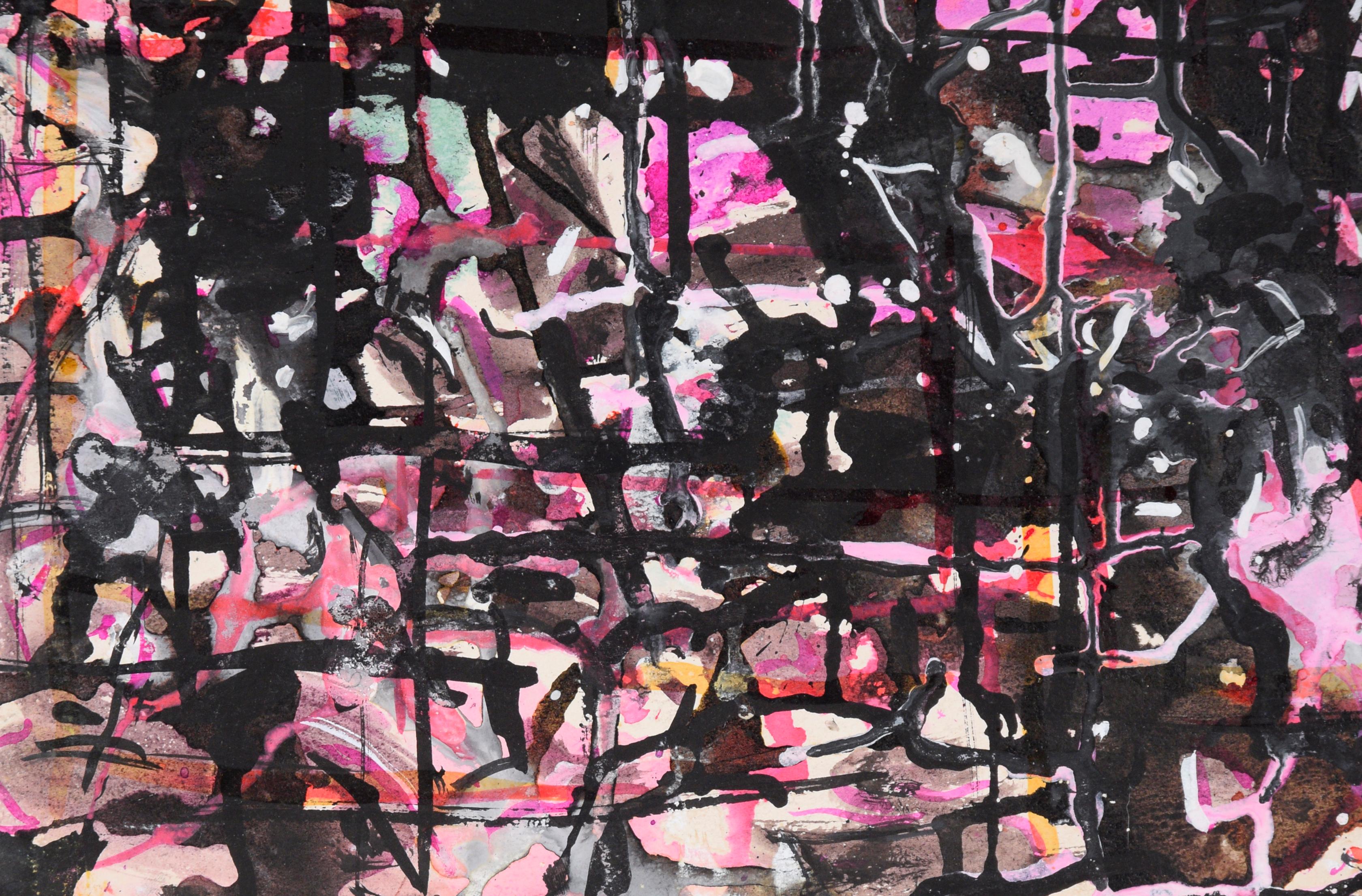 Abstract Composition in Pink and Black in Acrylic on Cardboard For Sale 3