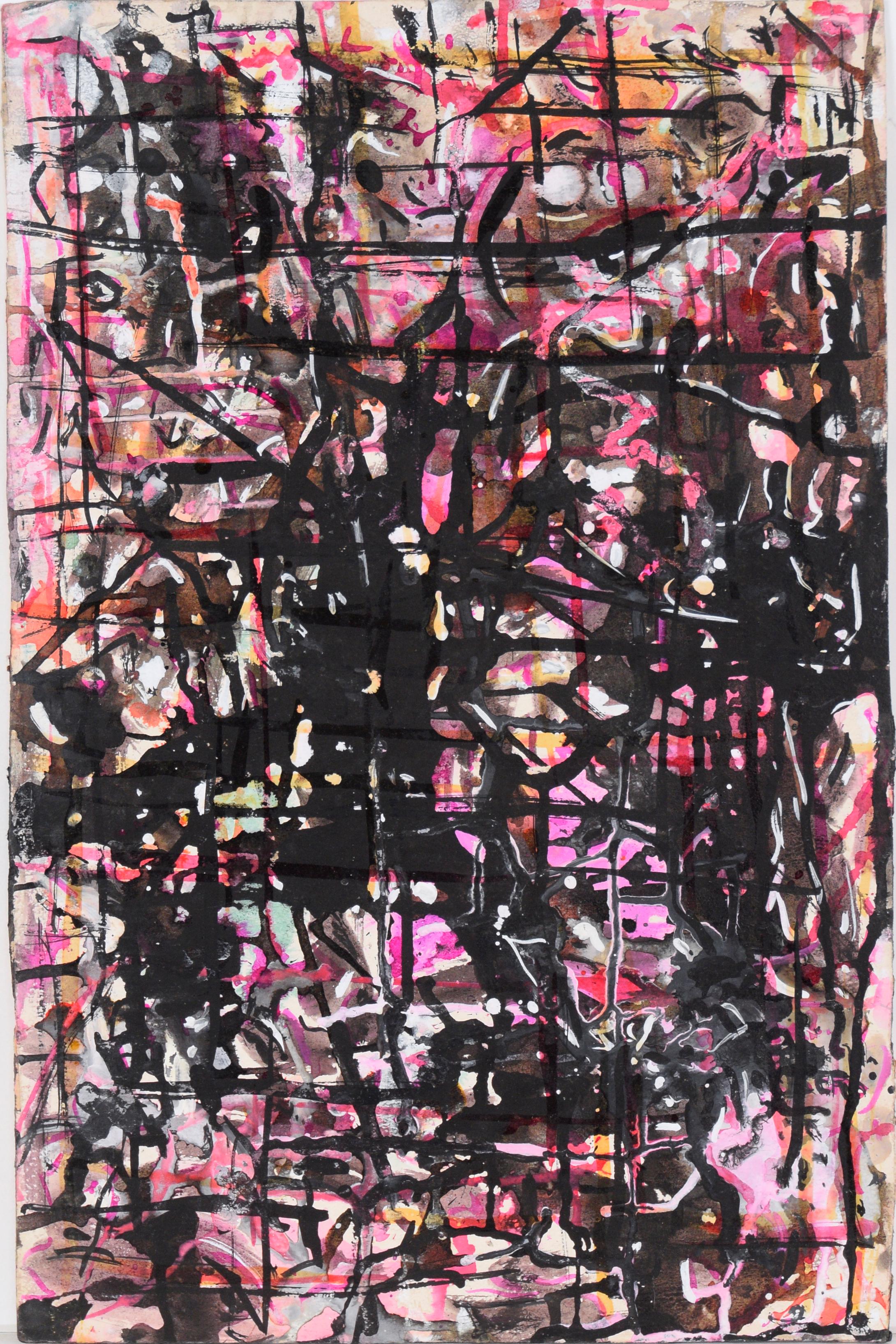 Honora Berg Abstract Painting - Abstract Composition in Pink and Black in Acrylic on Cardboard