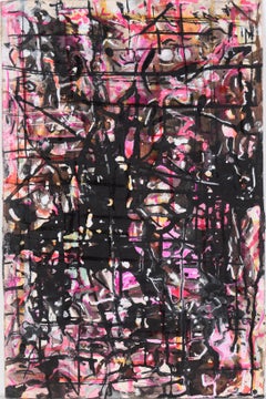 Composition abstraite rose et noire à l'acrylique sur carton