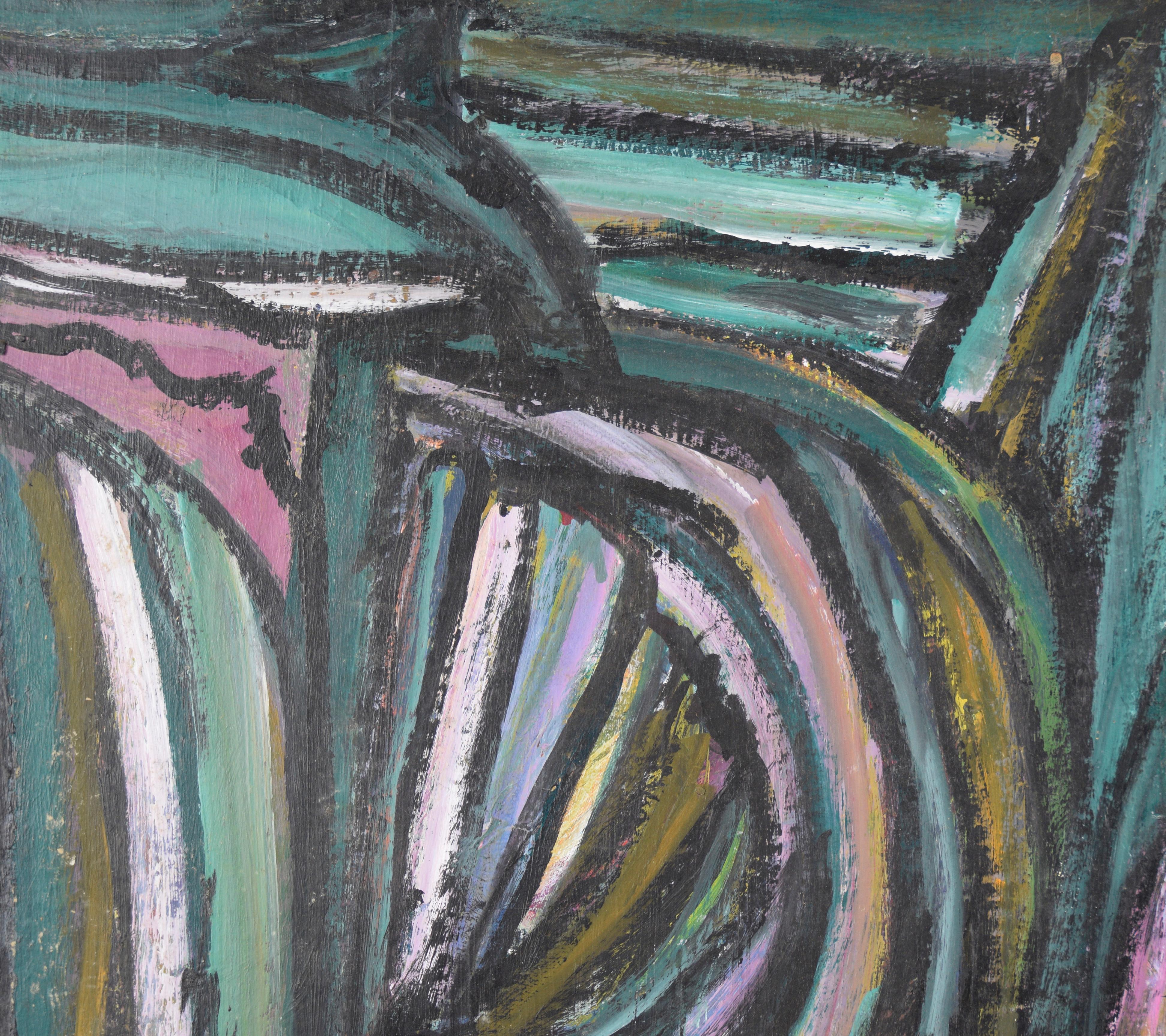 Bay Area Abstract Expressionist Composition in Oil on Cardboard

San Francisco Bay area abstract expressionist composition by Honora Berg (American, 1897-1985). Bold linear abstract composition in magenta, teal, and black. The piece is mostly