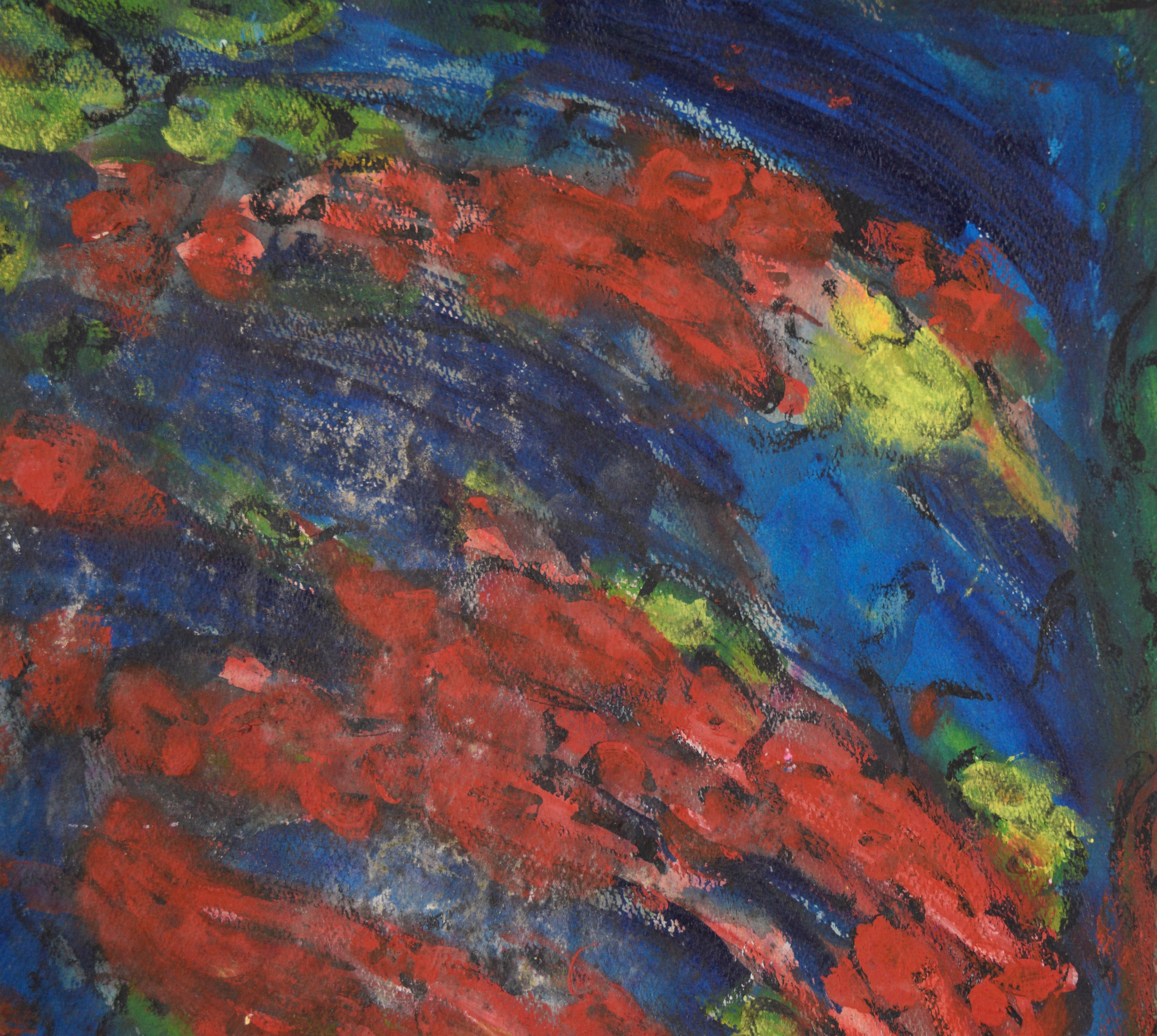 Bay Area Abstract Expressionist Composition in Oil on Cardboard

San Francisco Bay area abstract expressionist composition by Honora Berg (American, 1897-1985). Blue, red, and yellow-green patches swirl around each other, evoking the image of a