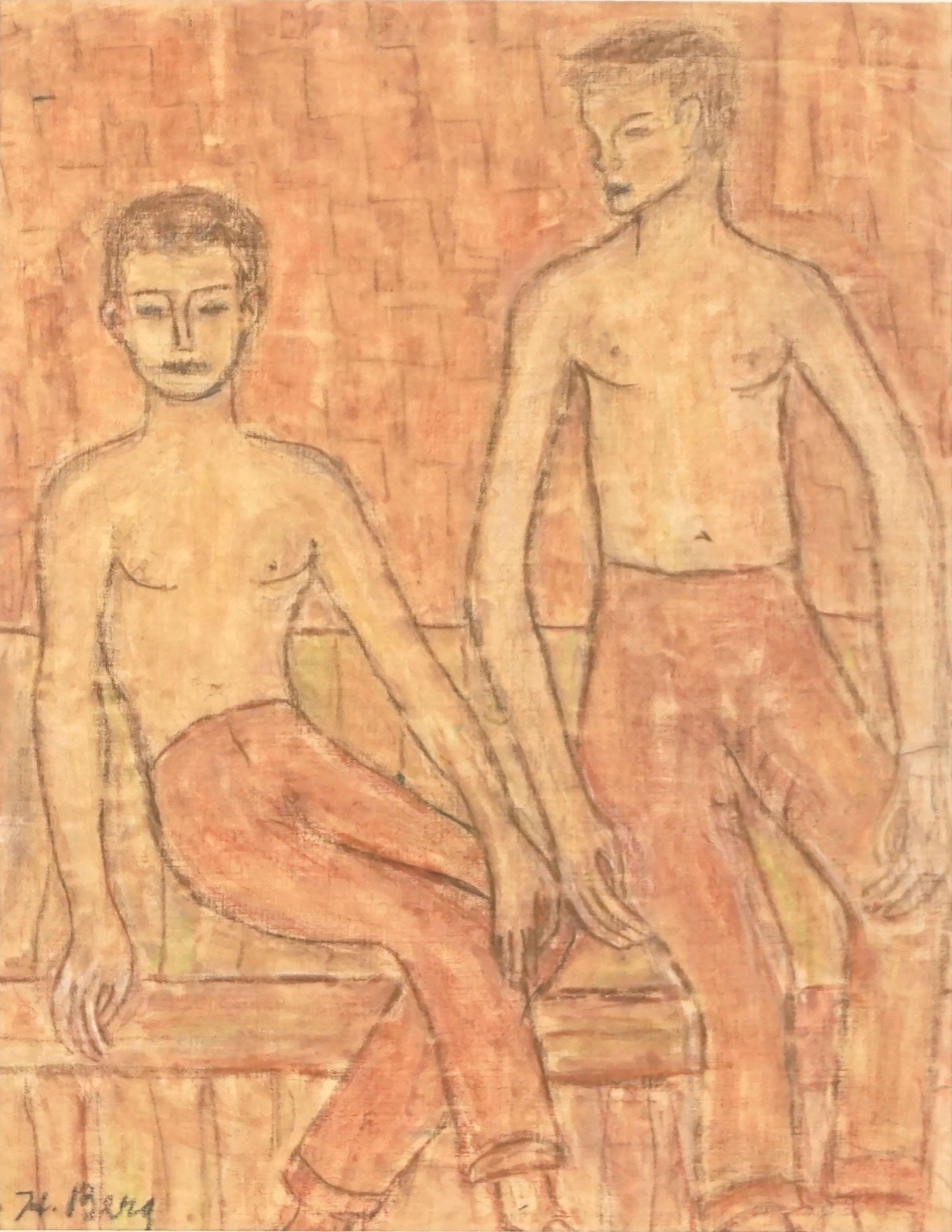 Bay Area Abstract Expressionist Figurative -- Summer Coming of Age Scene - Orange Figurative Painting by Honora Berg