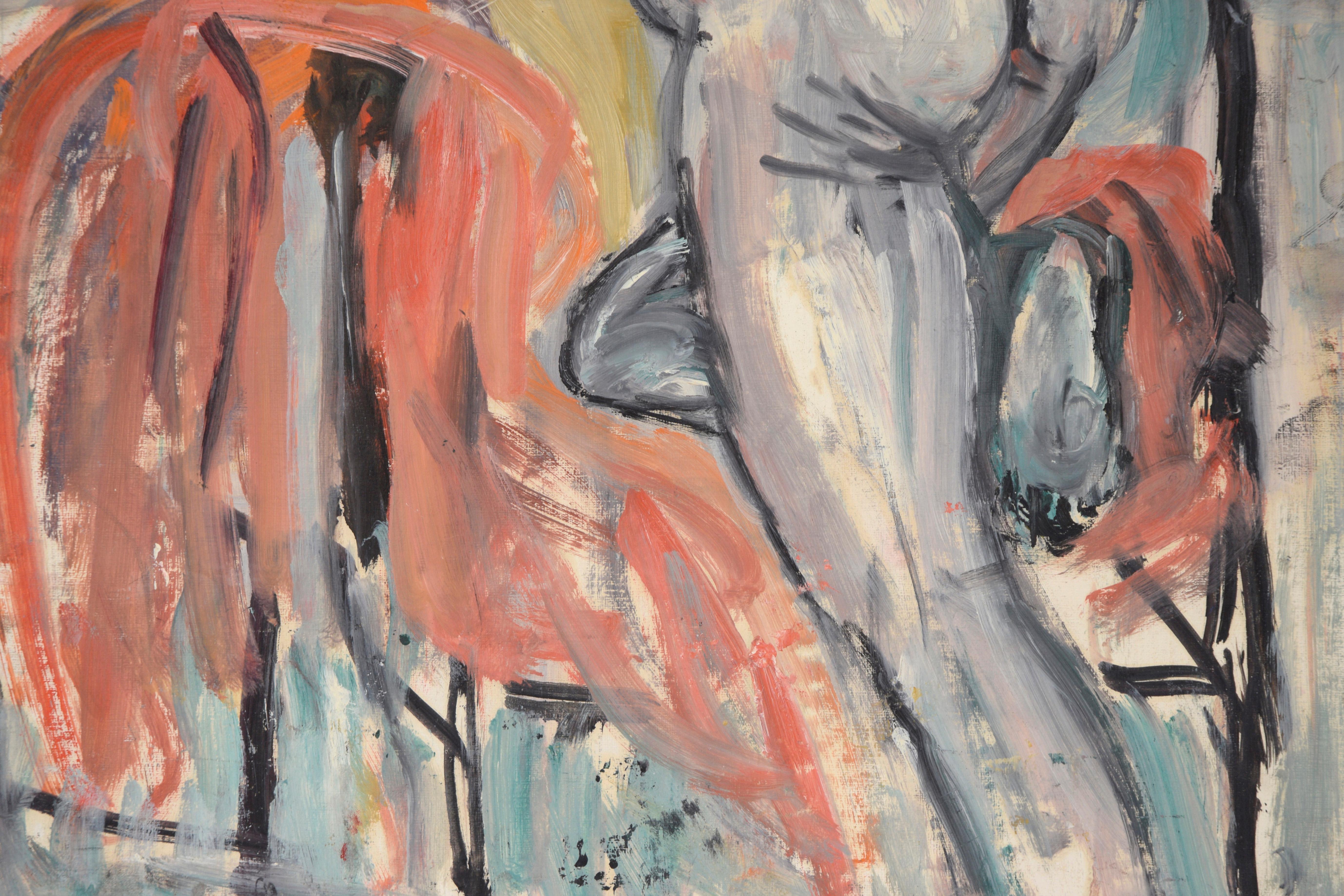 Bay Area Abstract Expressionist Leaning Nude

Standing nude woman by Honora Berg (American, 1897-1985). Bold depiction of a nude woman with dark hair. The model is rendered in light greys, with multicolored highlights of green, red, and white. She