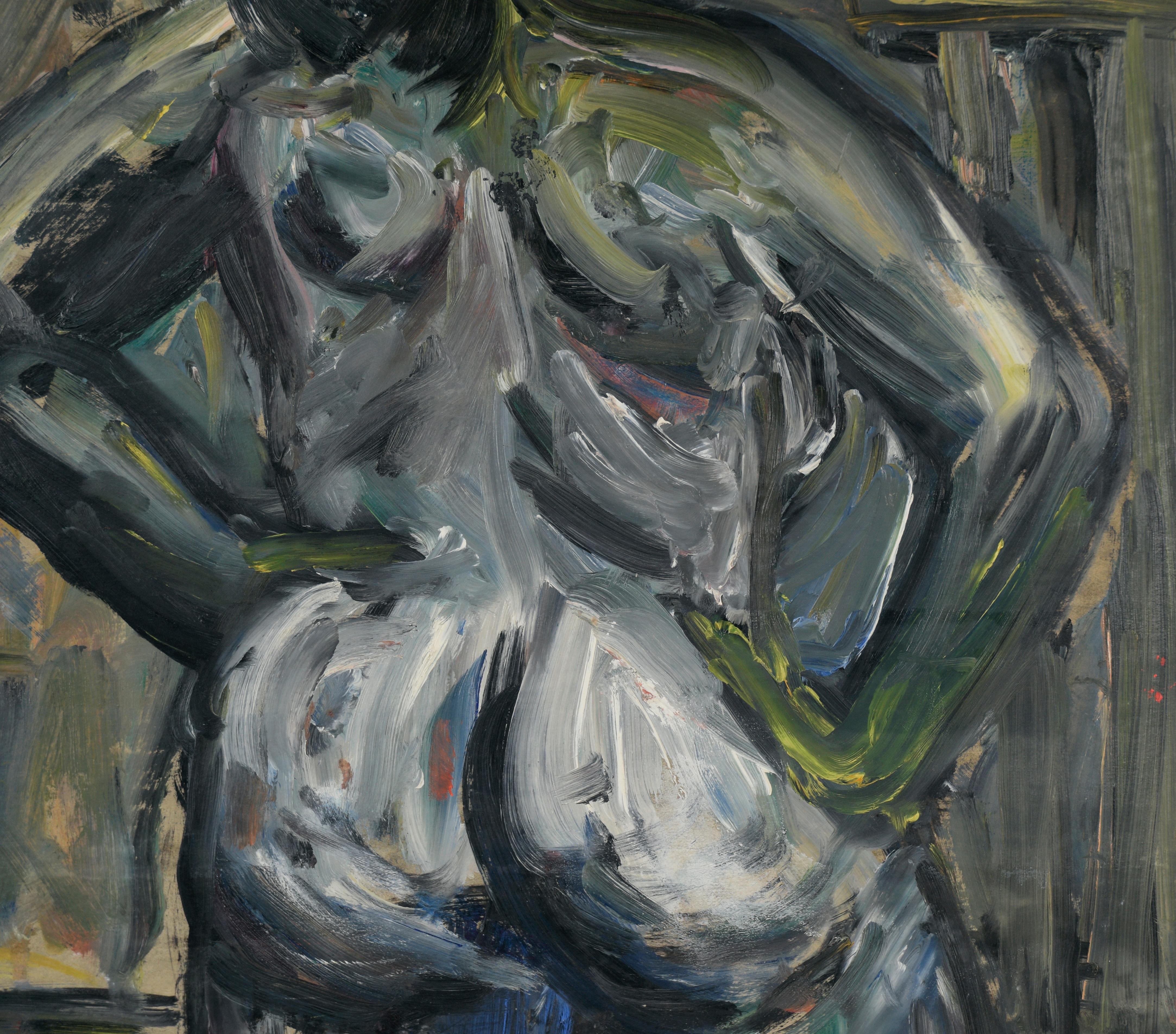 Bay Area Expressionist Stehender Akt von hinten in Öl auf Pappe

Stehender Frauenakt von hinten von Honora Berg (Amerikanerin, 1897-1985). Kühne Darstellung einer nackten Frau mit dunklem Haar. Das Modell ist in dunklen Grautönen gehalten, mit