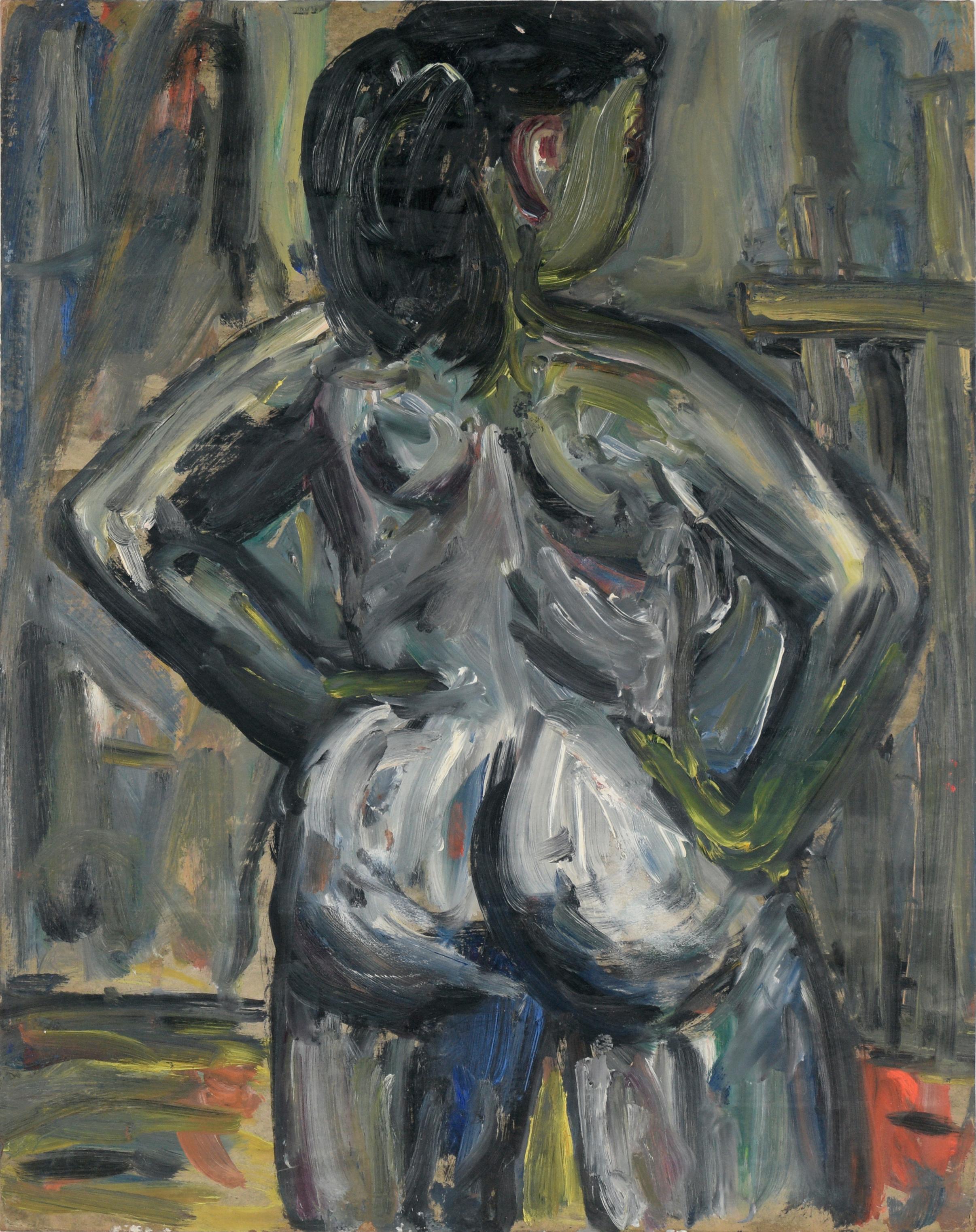 Honora Berg Nude Painting - Bay Area Abstract Expressionist Standing Nude from Behind in Oil on Cardboard