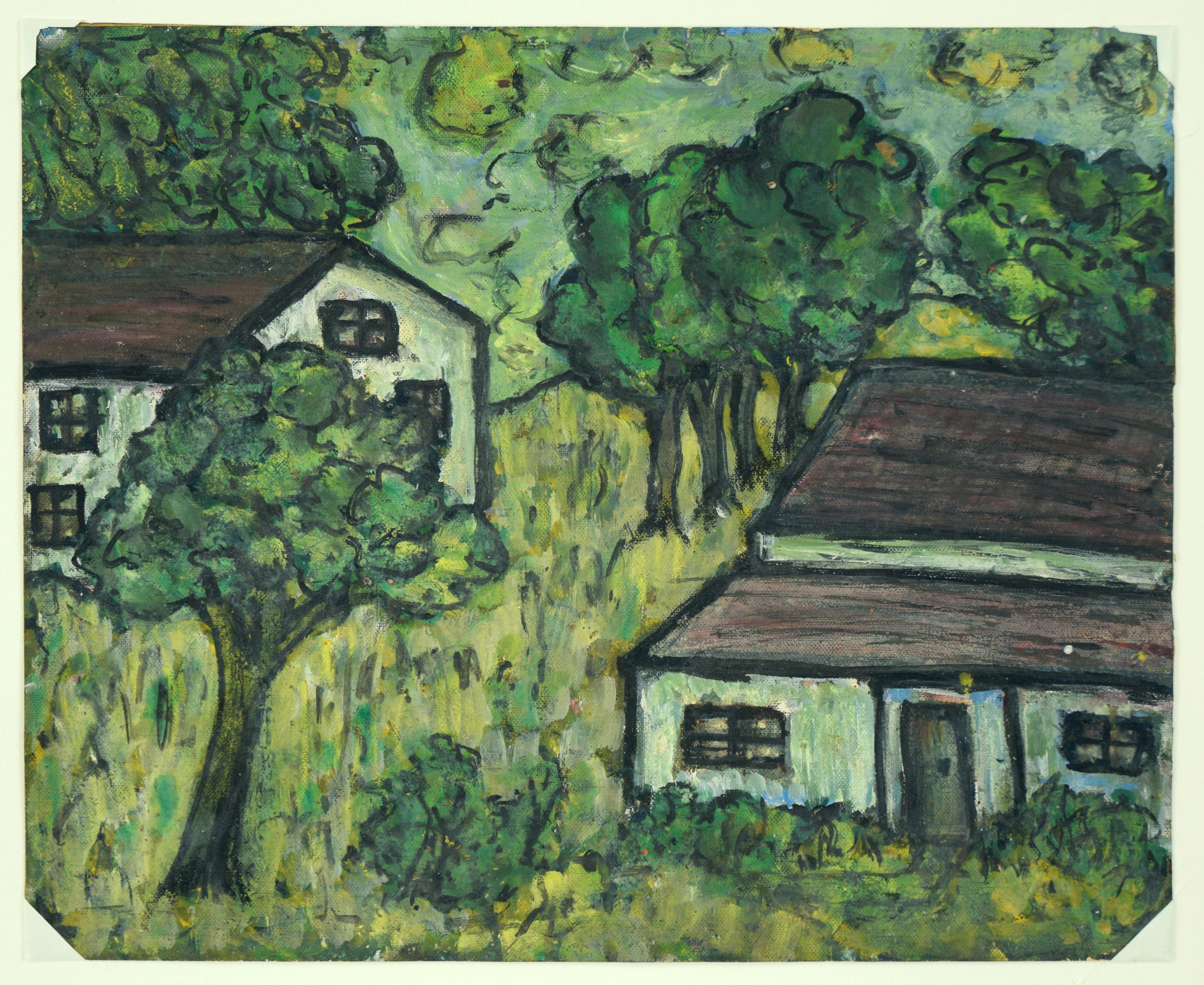 House In The Green - Original Acrylic On Paper - American Impressionist Painting by Honora Berg