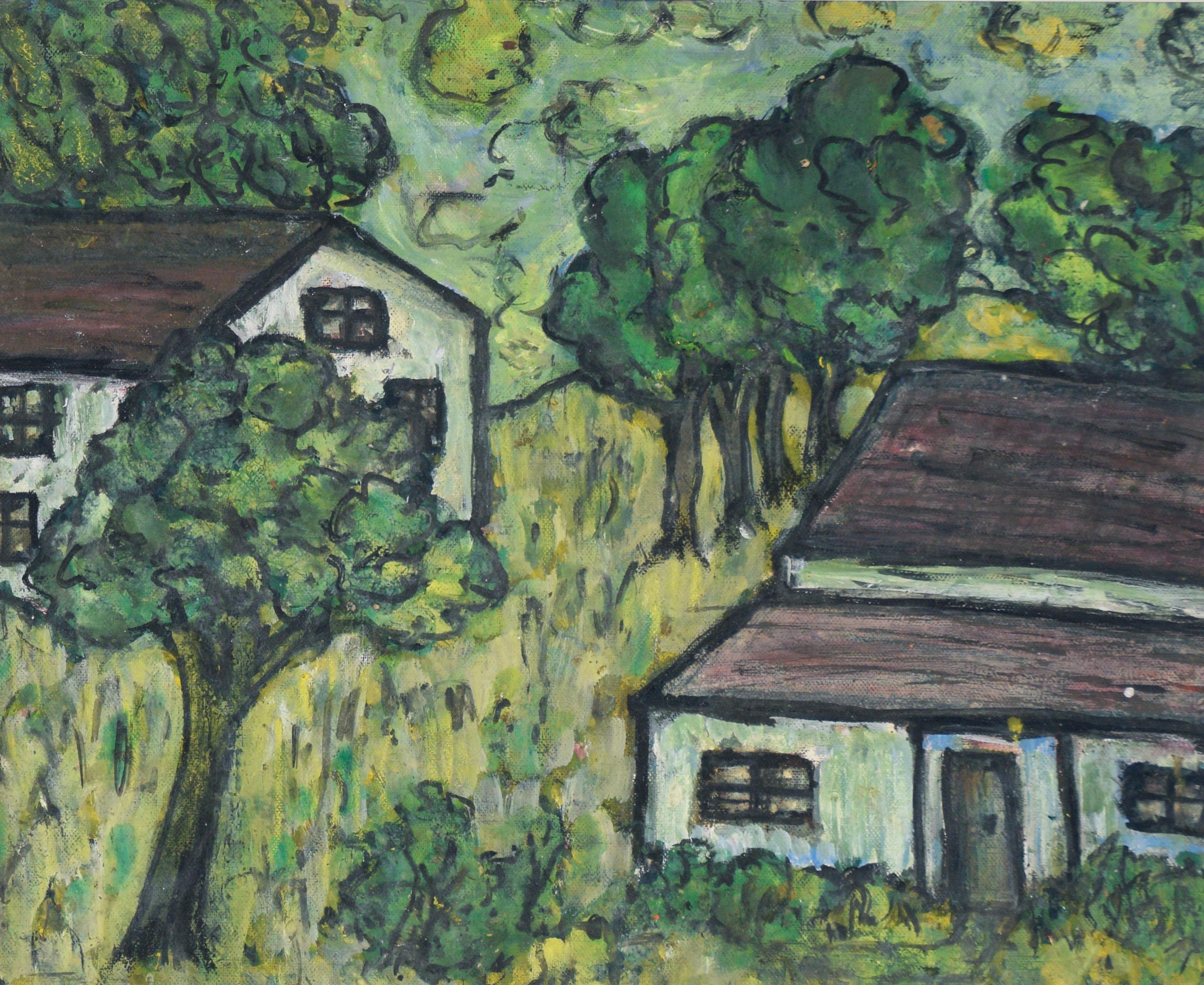 House In The Green - Original Acrylic On Paper

Original acrylic painting depicting a white house in the woods surrounded by greenery by Honora Berg (American, 1897-1985). Two white houses are the focal point, hues of greens and yellows make up the