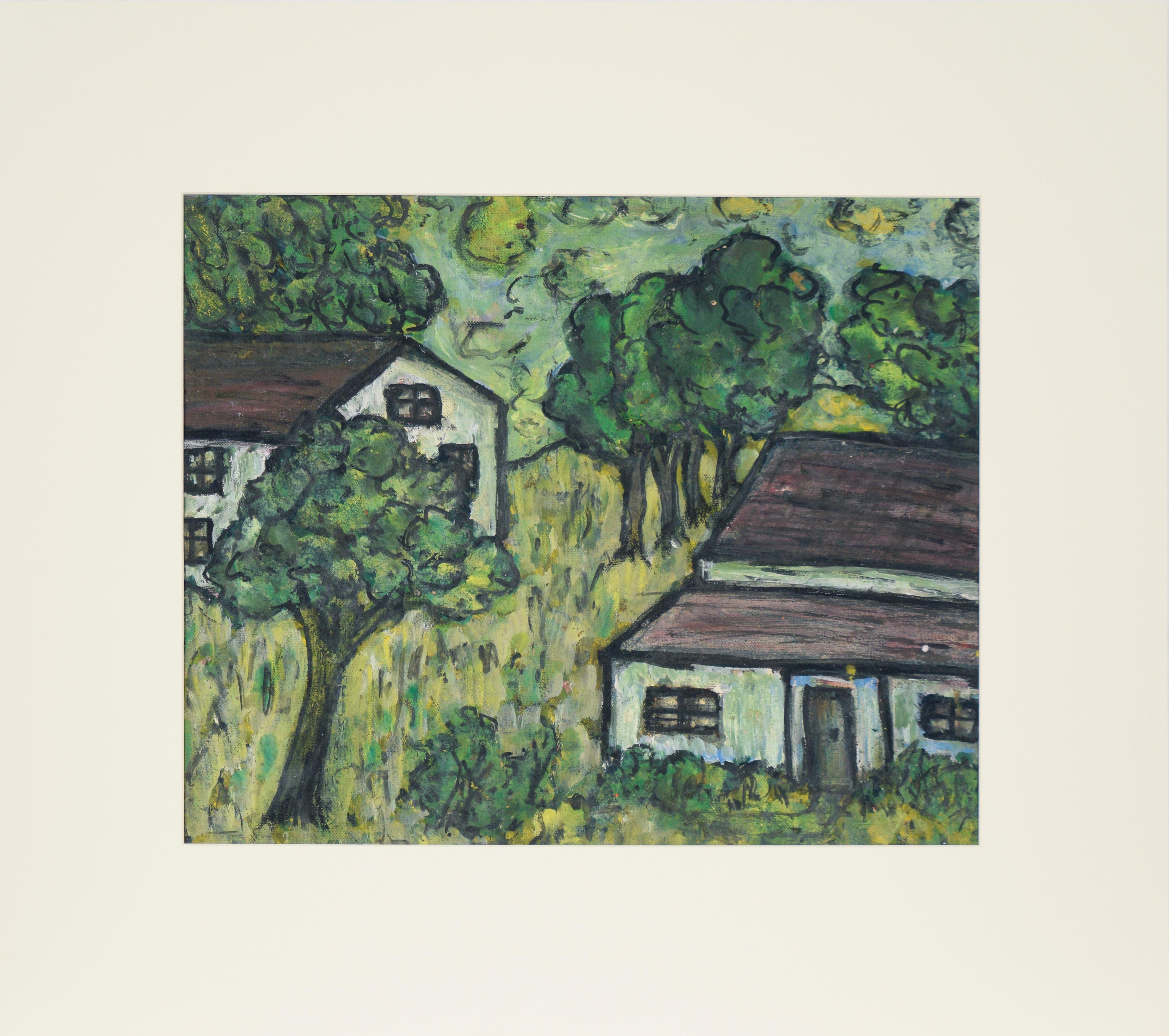 Landscape Painting Honora Berg - House In The Green - Acrylique sur papier d'origine