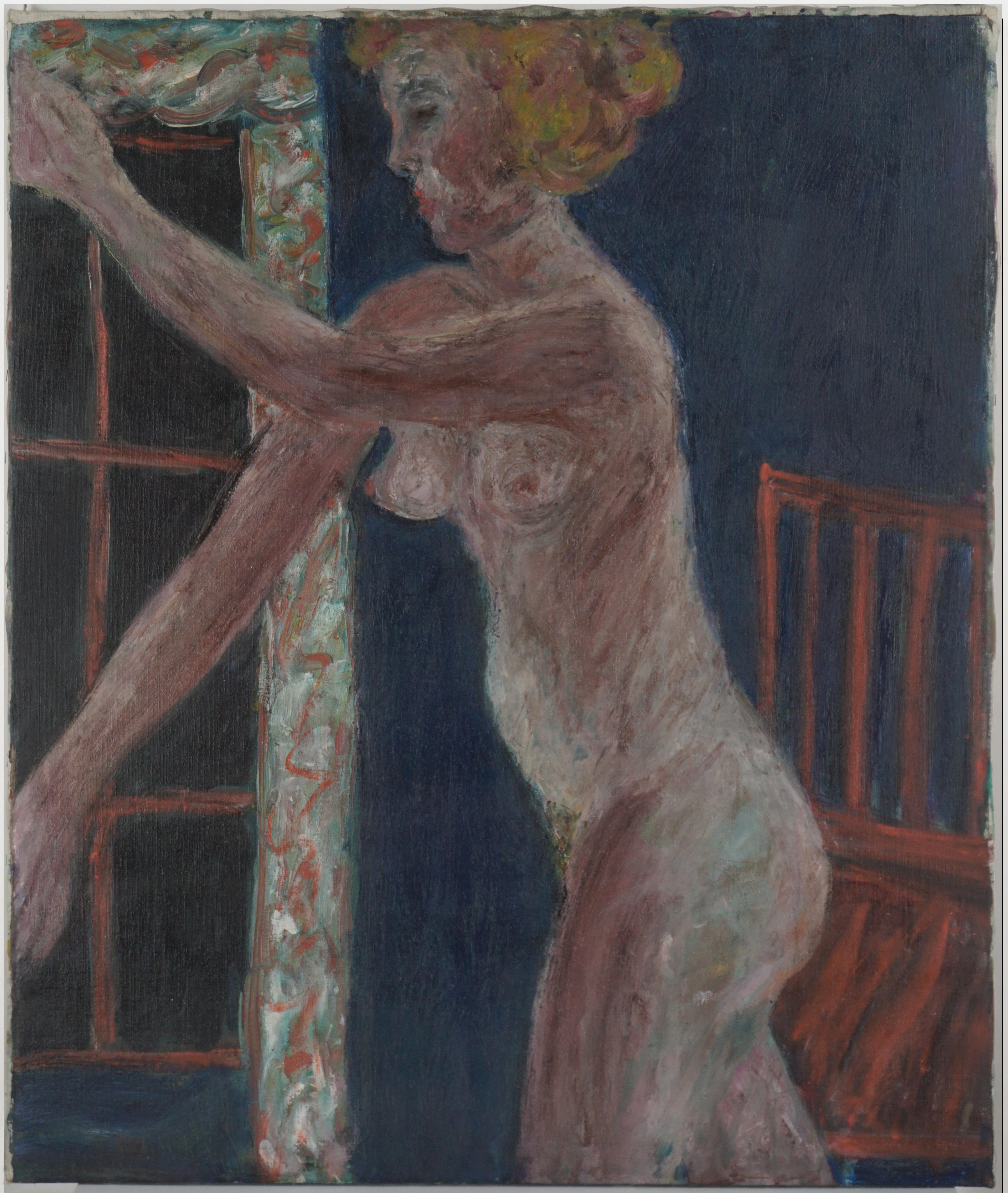 Figurative Mid-Century-Stil des abstrakten Expressionismus – Nackte Frau und roter Stuhl – Painting von Honora Berg