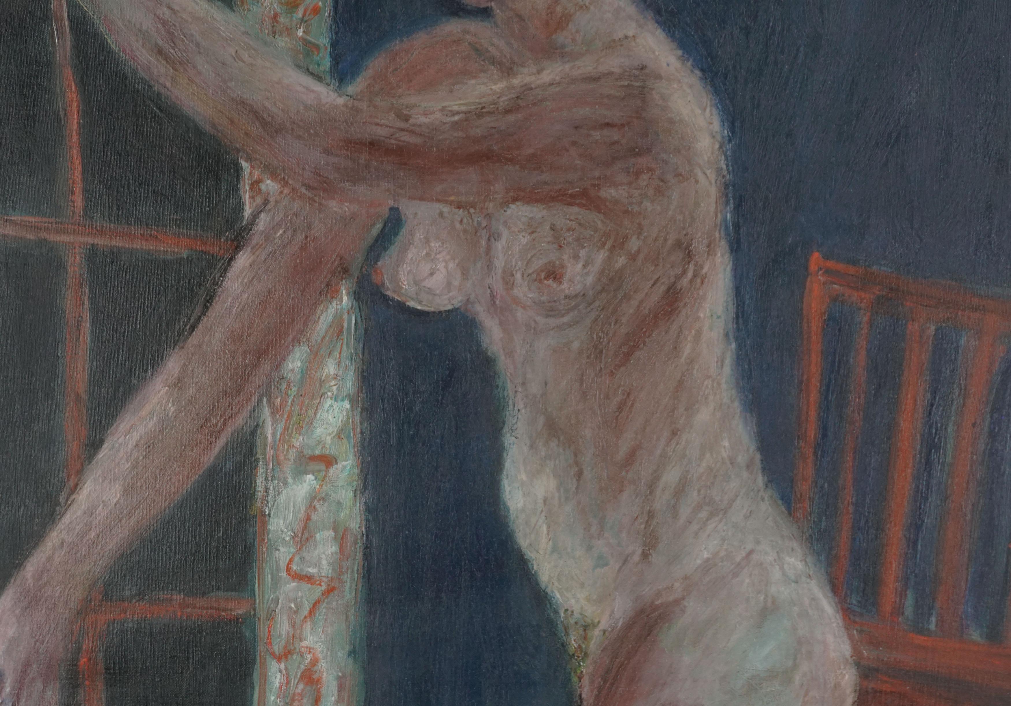 Merveilleux tableau figuratif abstrait du milieu du siècle dernier, nu de nuit avec chaise rouge, par Honora Berg (Américaine, 1897-1985). Un décor nocturne ajoute plus d'intérêt et de dimension. Signé au verso 