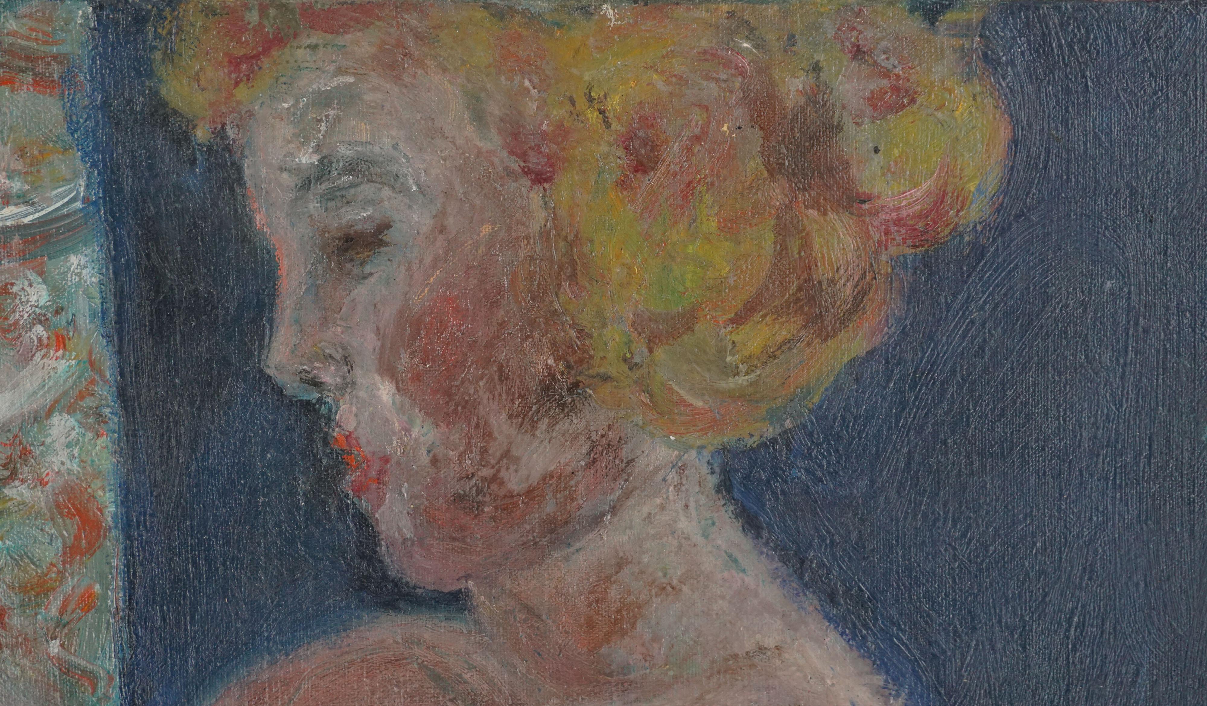 Figurative Mid-Century-Stil des abstrakten Expressionismus – Nackte Frau und roter Stuhl (Schwarz), Interior Painting, von Honora Berg
