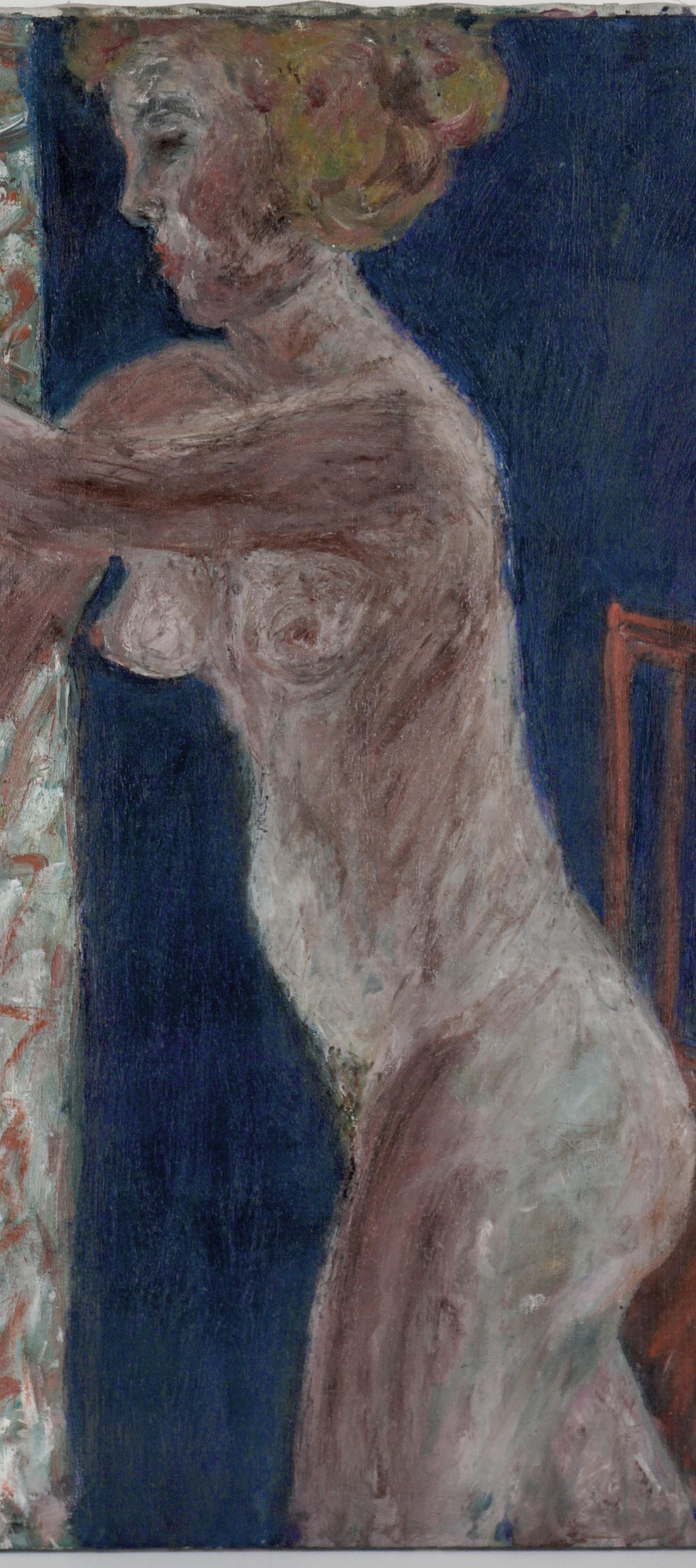 Figurative Mid-Century-Stil des abstrakten Expressionismus – Nackte Frau und roter Stuhl im Angebot 2