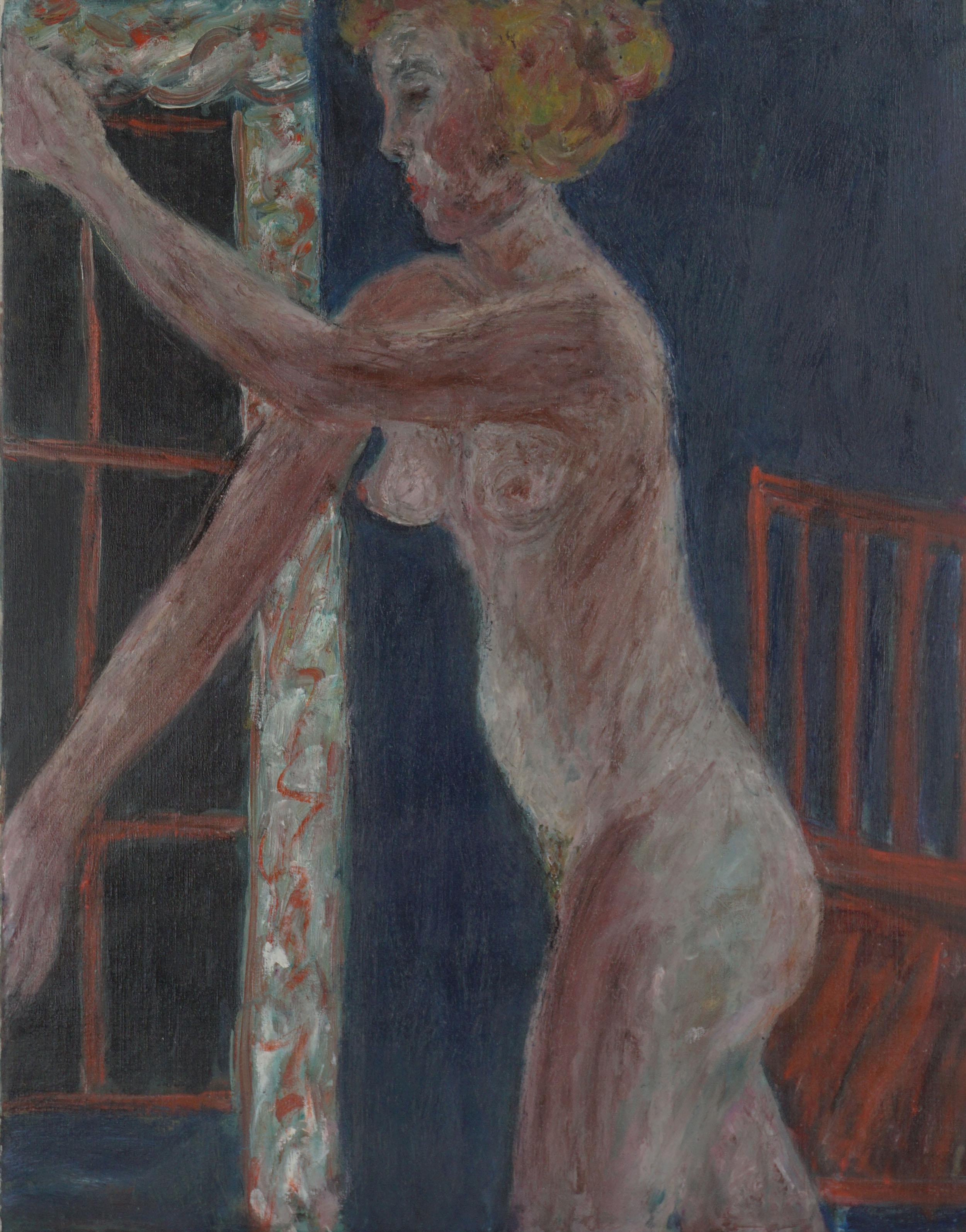 Honora Berg Interior Painting – Figurative Mid-Century-Stil des abstrakten Expressionismus – Nackte Frau und roter Stuhl