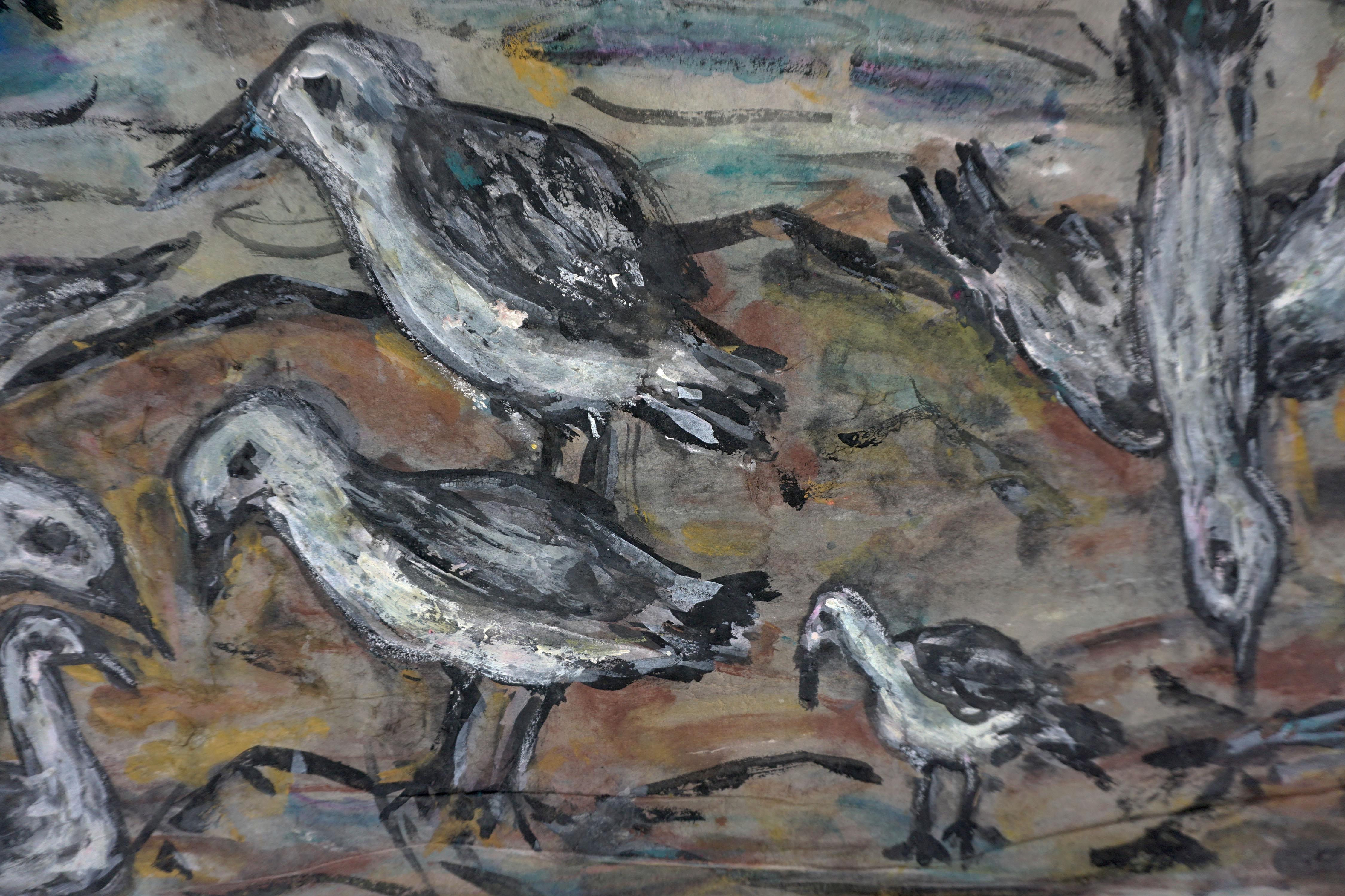 Mid Century Abstract Expressionist Painting of San Francisco Bay Shorebirds at Surf's Edge

1950's abstract expressionist painting of shorebirds at water's edge by San Francisco artist Honora Berg (American, 1897-1985). Western Gulls and Sanderlings