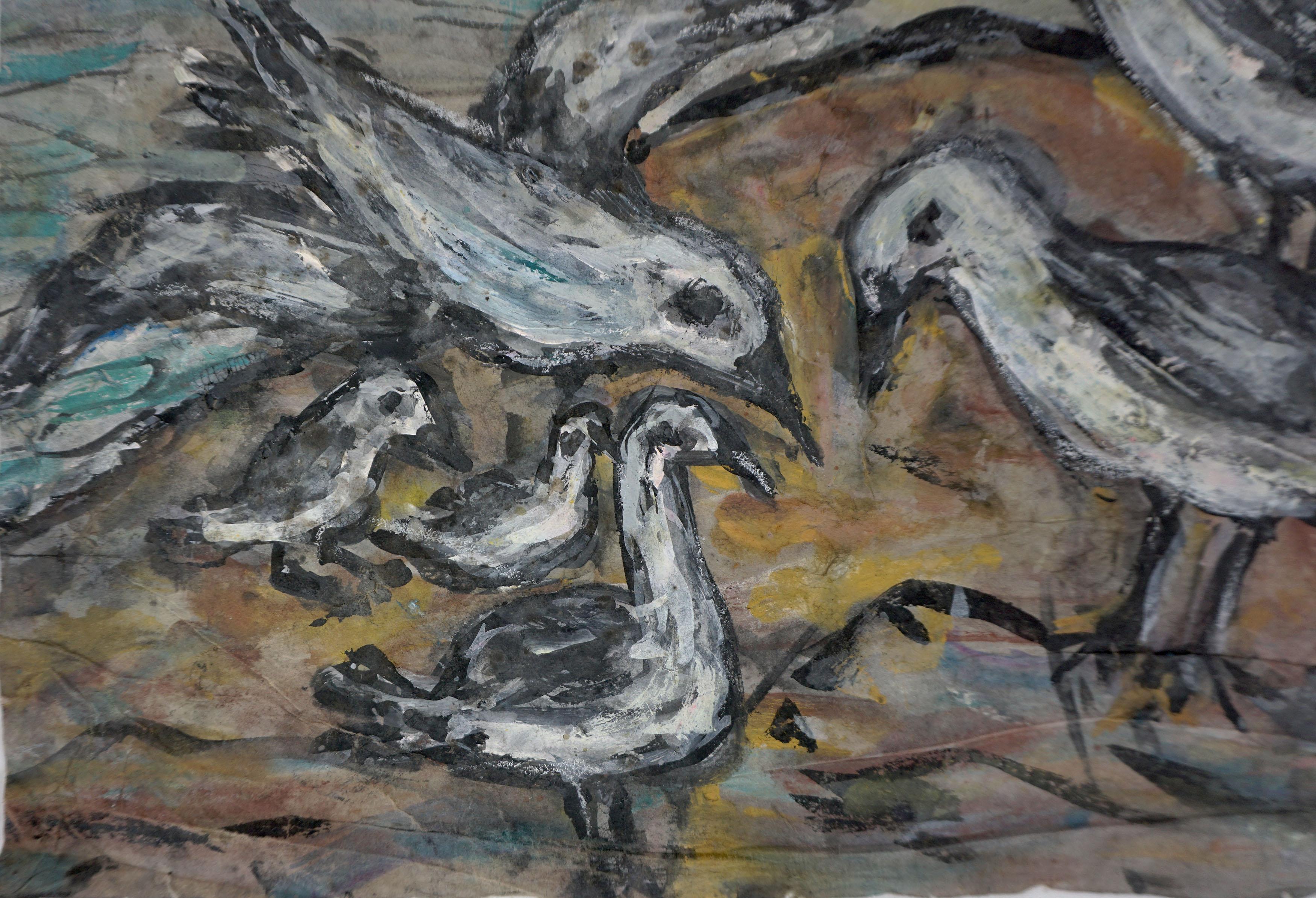 Mid Century Abstract Expressionist Painting -- San Francisco Shore Birds For Sale 2