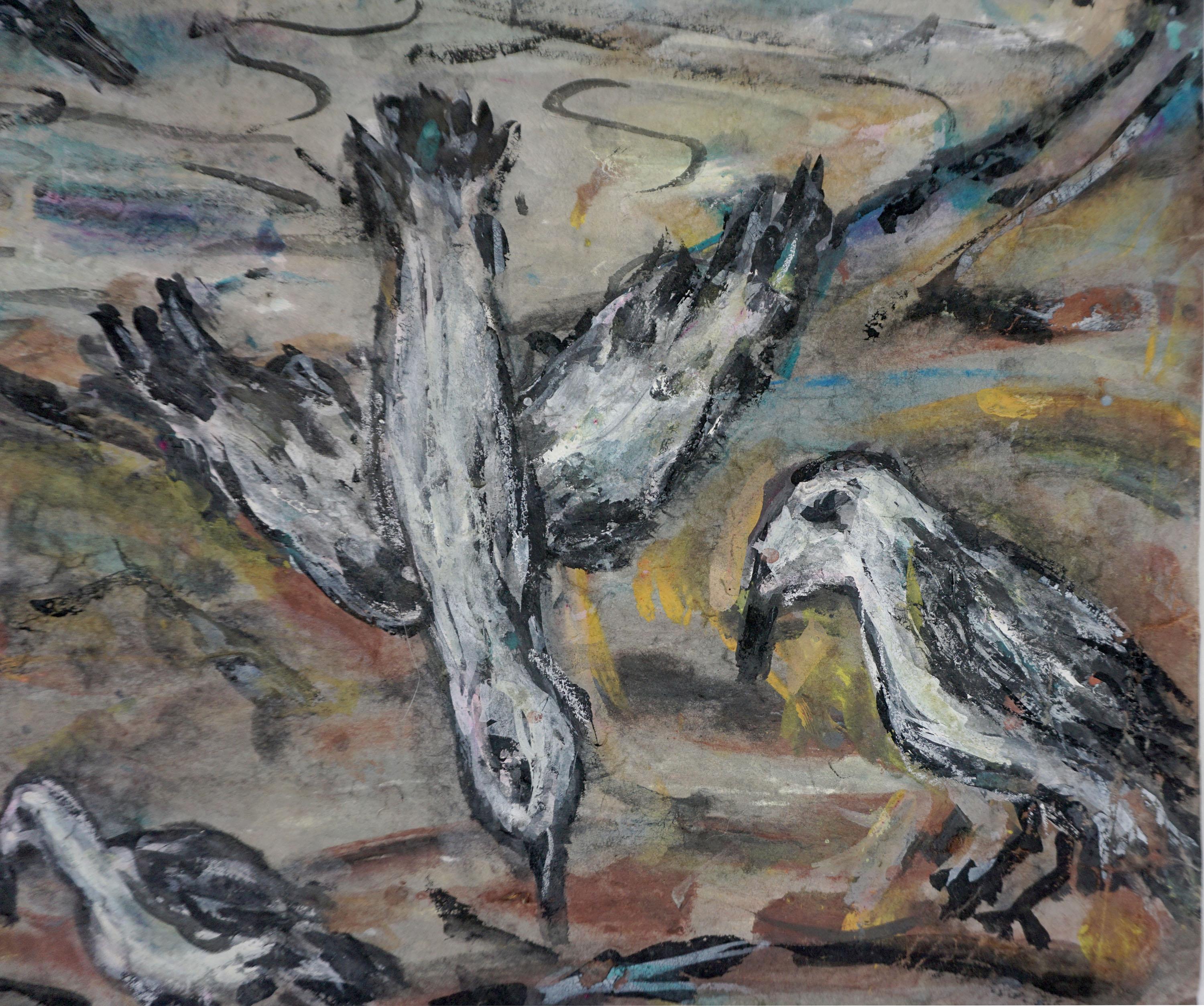 Abstrakt-expressionistisches Gemälde aus der Mitte des Jahrhunderts - San Francisco Shore Birds im Angebot 1