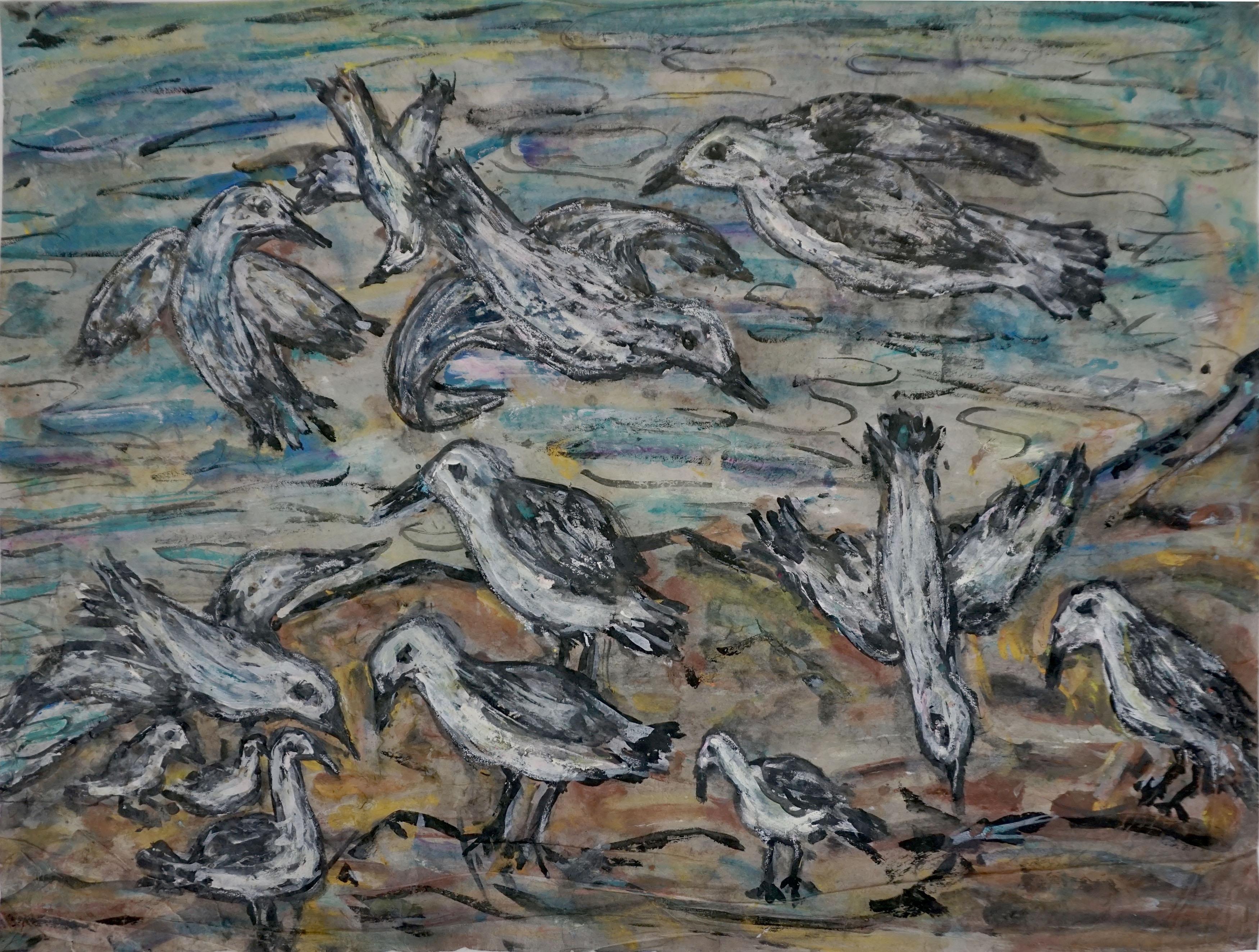 Honora Berg Figurative Painting – Abstrakt-expressionistisches Gemälde aus der Mitte des Jahrhunderts - San Francisco Shore Birds