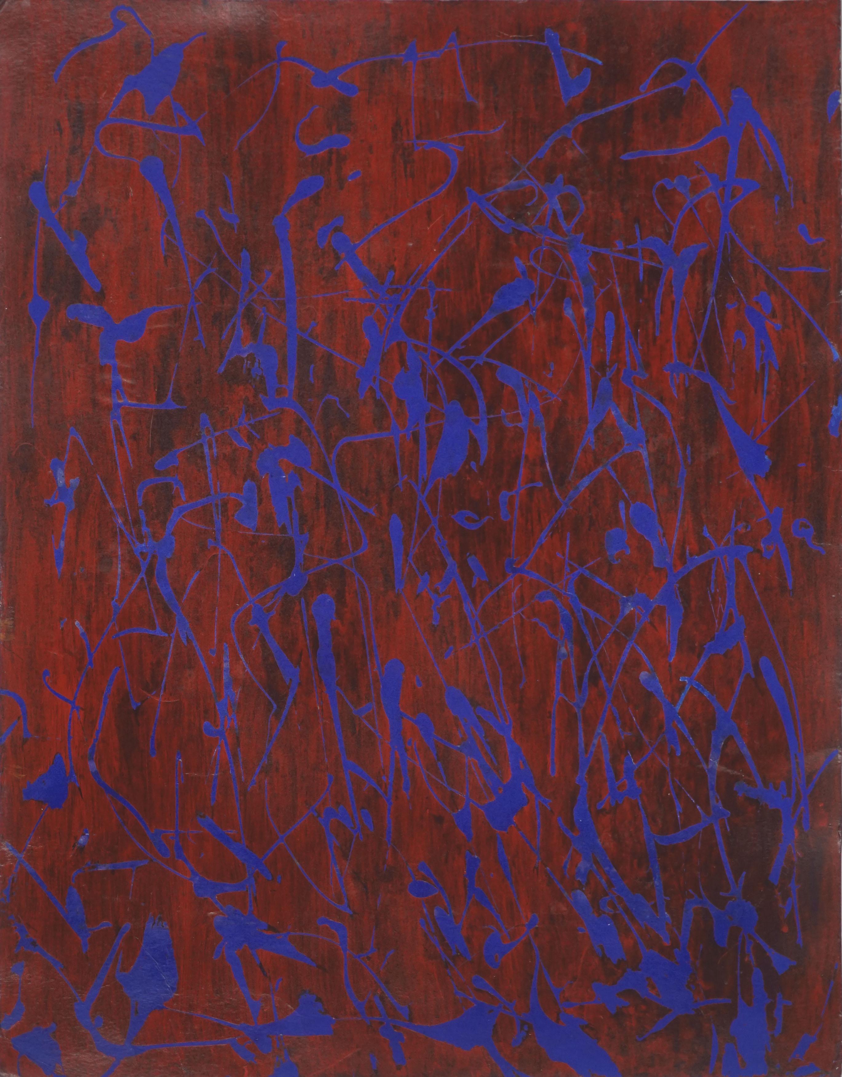 Mid Century Abstract Original Painting - Blue Calligraphy on Crimson Water in Oil and Tempera on Paper

Wonderful Bay Area abstract composition by San Francisco's artist Honora Berg (American, 1897-1985), Circa 1945. This high-impact piece is