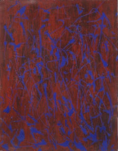 Pintura original abstracta de mediados de siglo - Caligrafía azul sobre agua carmesí