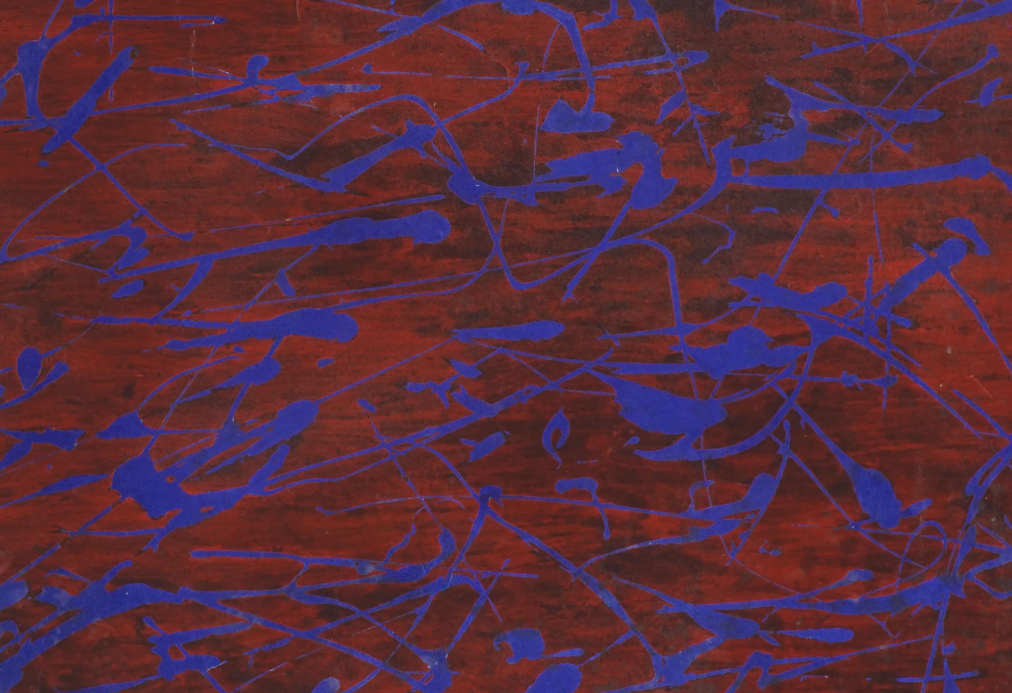 Abstraktes Originalgemälde aus der Mitte des Jahrhunderts - Blaue Kalligrafie auf karminrotem Wasser  (Abstrakter Expressionismus), Painting, von Honora Berg