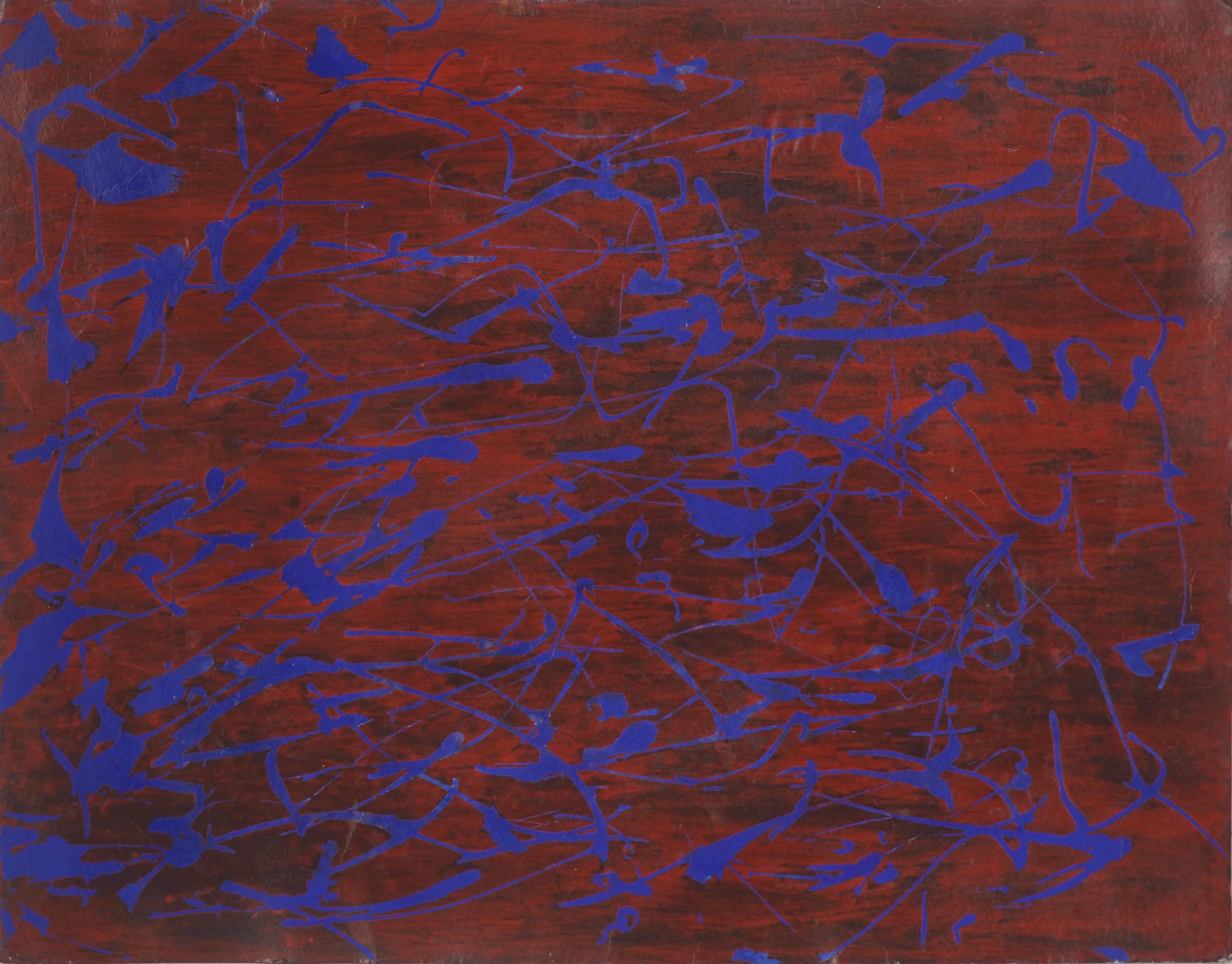 Peinture abstraite du milieu du siècle dernier - Calligraphie bleue sur eau de Crimson 