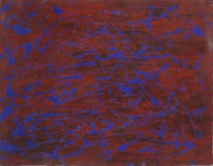 Pintura original abstracta de mediados de siglo - Caligrafía azul sobre agua carmesí 