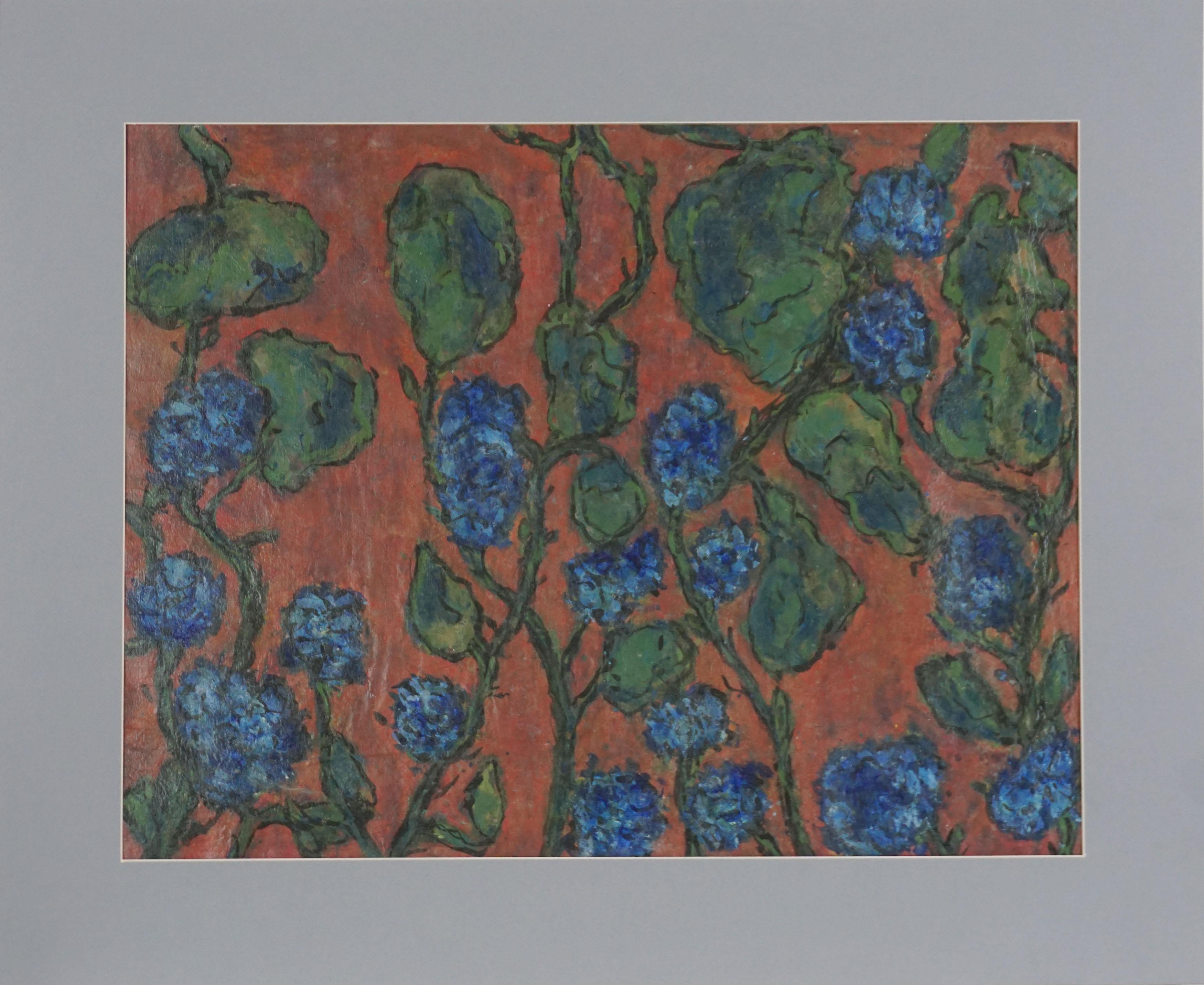 Expresionista Abstracto de la Bahía de Mid Century - Hortensias azules de Honora Berg en venta 1