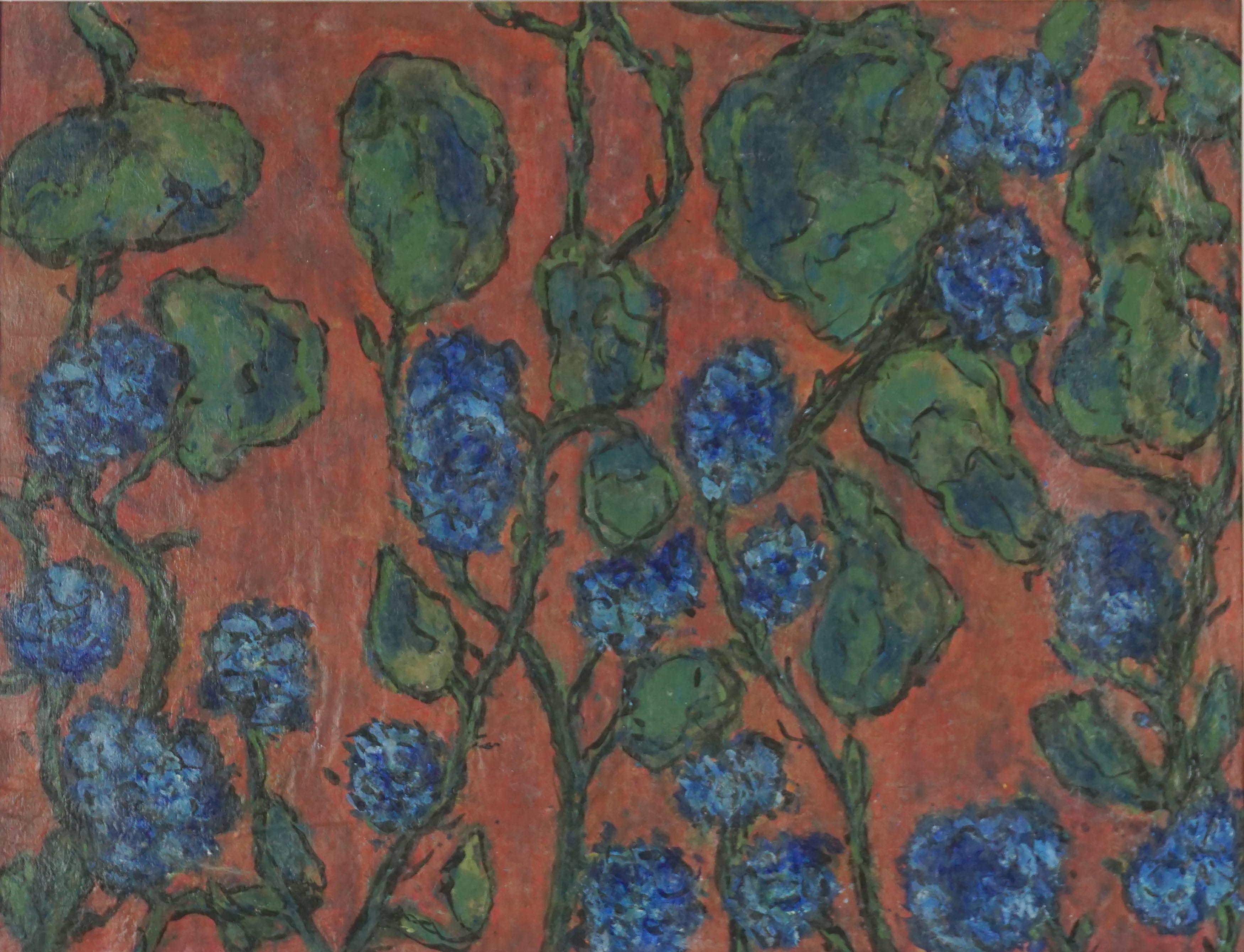 Mid Century Bay Area Abstract Expressionist Blue Hydrangeas in Acrylic on Paper

Vining Blue Hydrangeas by San Francisco's artist Honora Berg (American, 1897-1985), 1946. The vertical vines and the splashes of blue flowers adds movement and interest